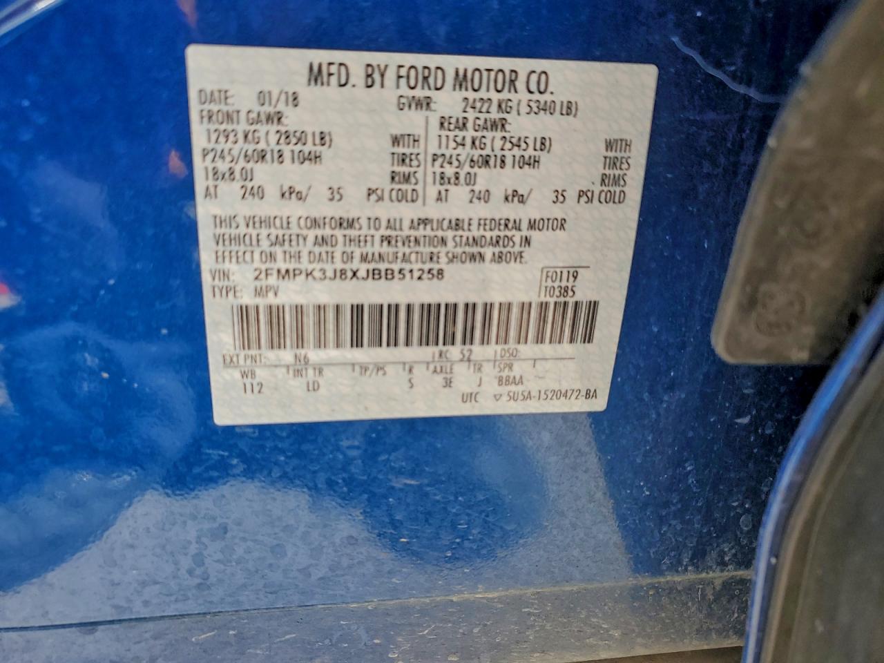 2018 Ford Edge Sel VIN: 2FMPK3J8XJBB51258 Lot: 91908615