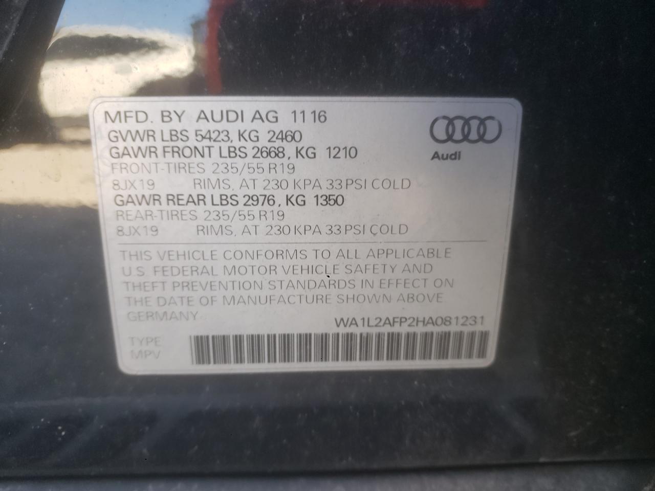 2017 Audi Q5 Premium Plus VIN: WA1L2AFP2HA081231 Lot: 92958355