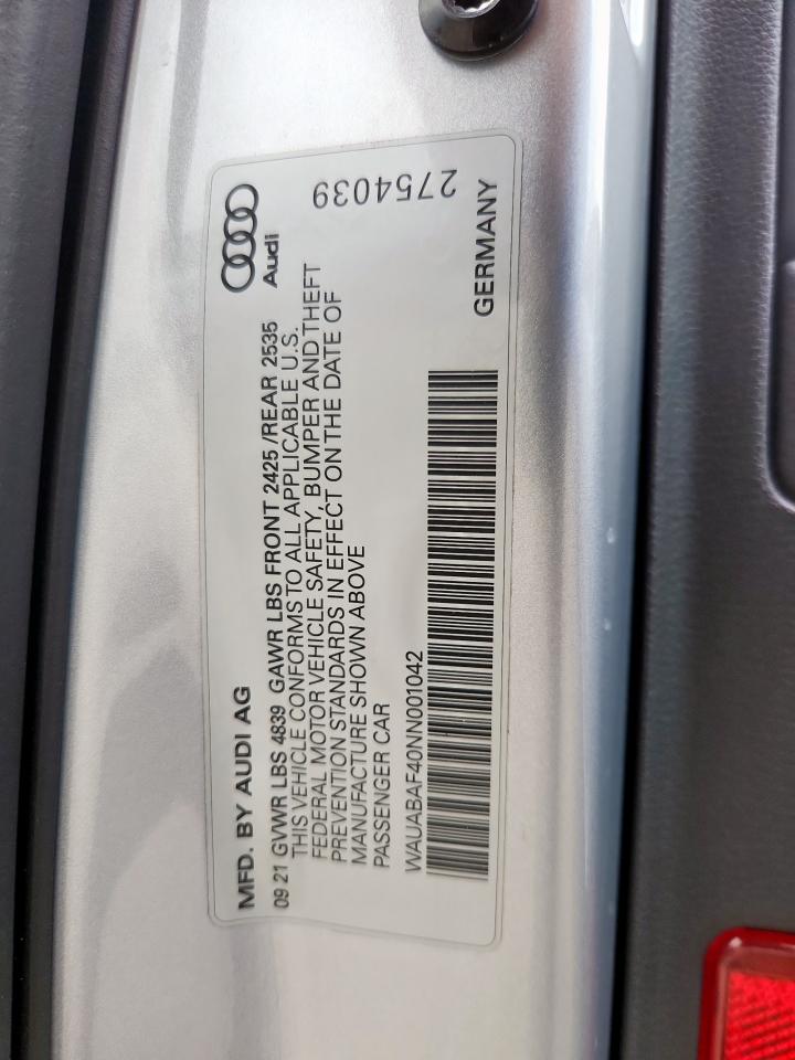 2022 Audi A4 Premium 40 VIN: WAUABAF40NN001042 Lot: 93130025