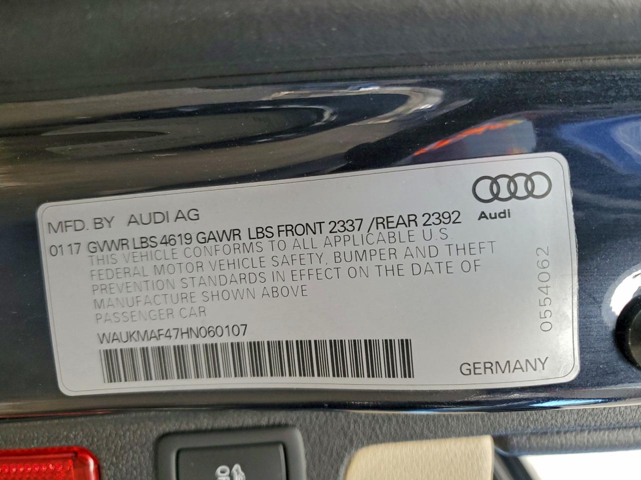 2017 Audi A4 Ultra Premium VIN: WAUKMAF47HN060107 Lot: 92893045