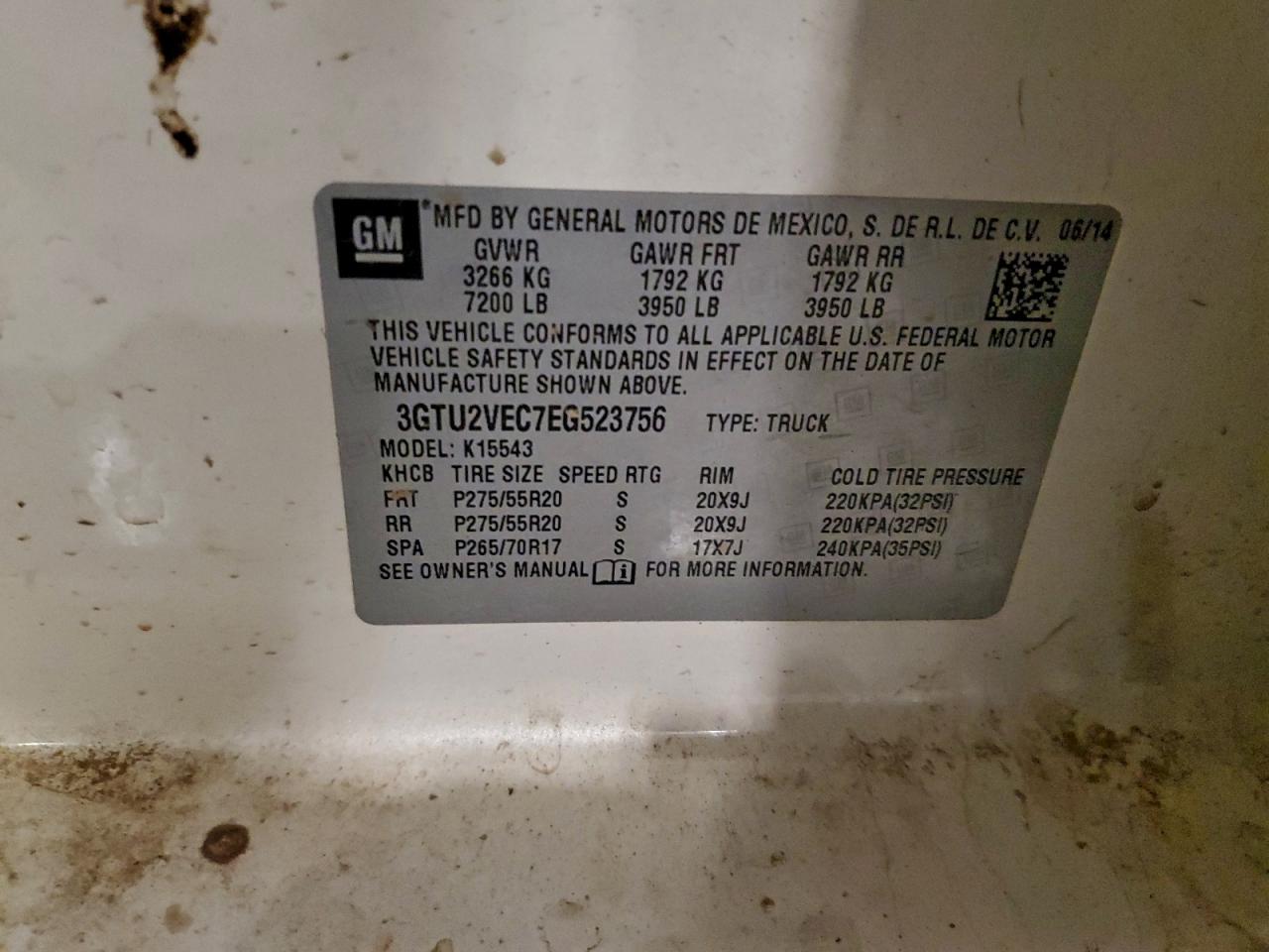 2014 GMC Sierra K1500 Slt VIN: 3GTU2VEC7EG523756 Lot: 94082995