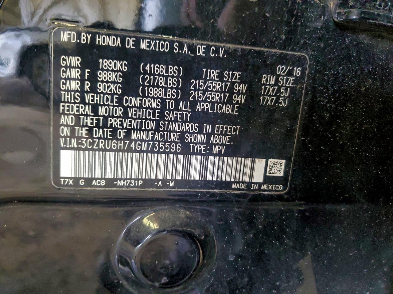 2016 Honda Hr-V Exl VIN: 3CZRU6H74GM735596 Lot: 94078125