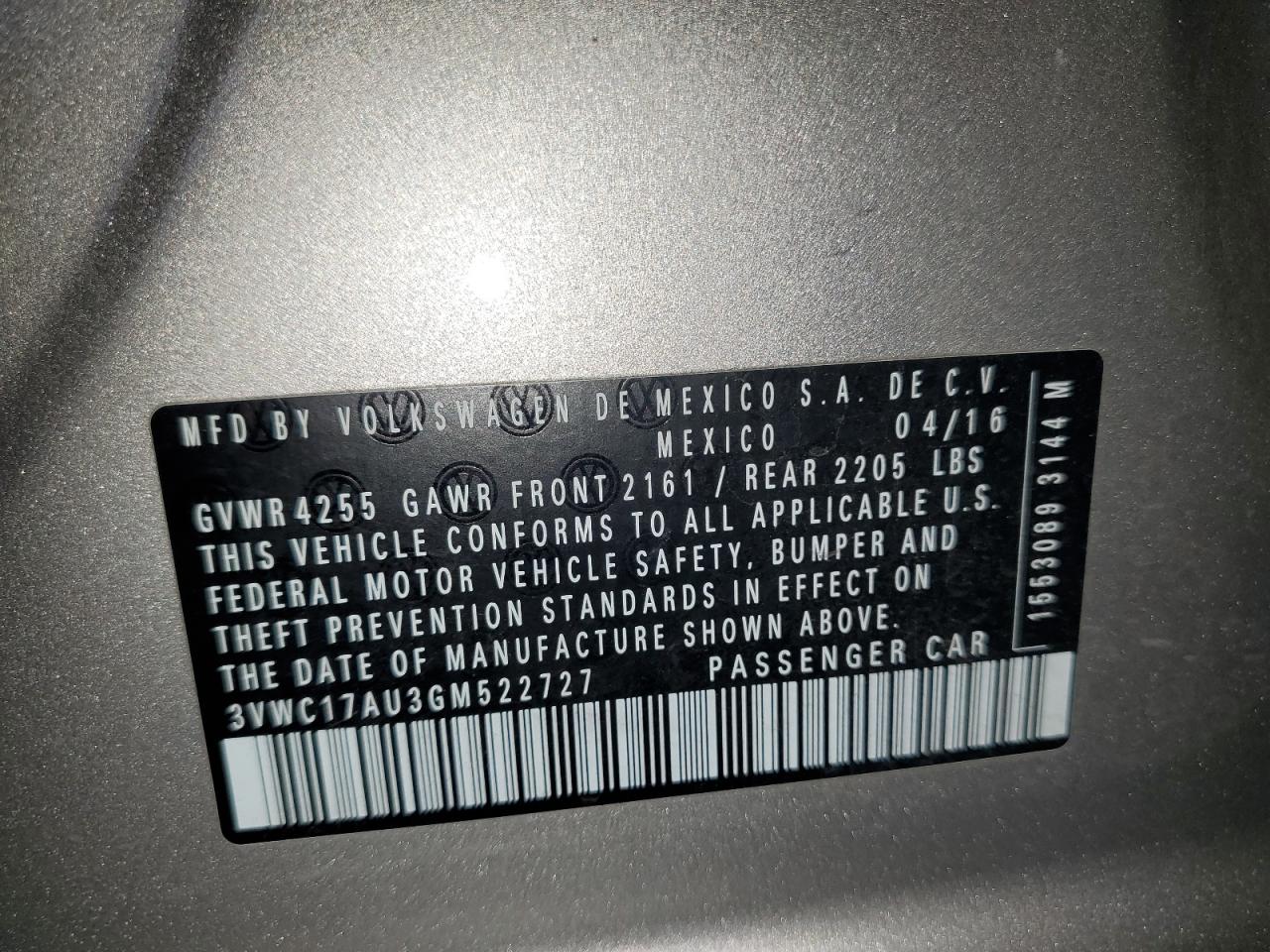 2016 Volkswagen Golf Sportwagen S VIN: 3VWC17AU3GM522727 Lot: 91847025