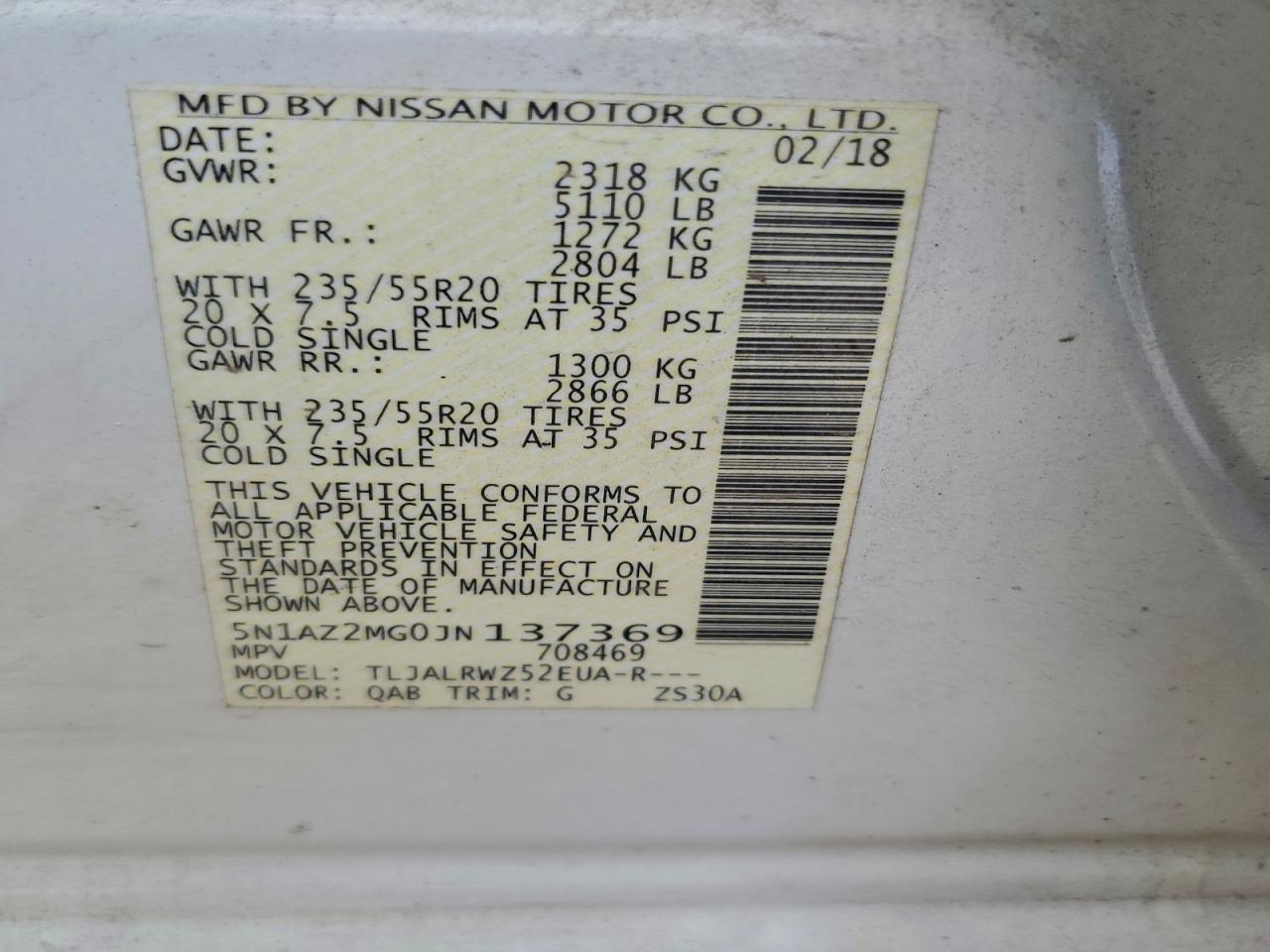 2018 Nissan Murano S VIN: 5N1AZ2MG0JN137369 Lot: 94273565