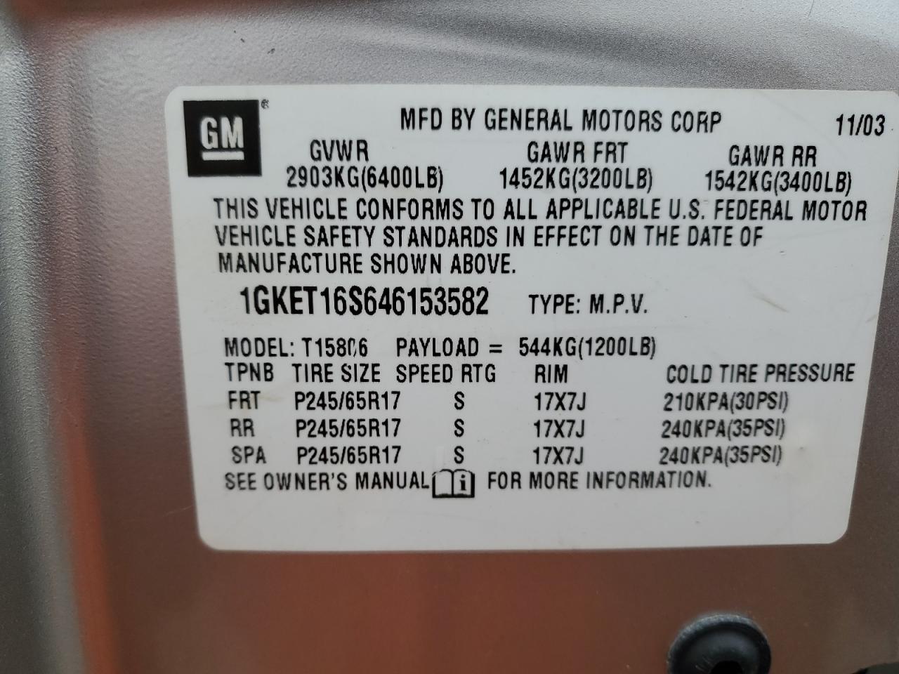 2004 GMC Envoy Xl VIN: 1GKET16S646153582 Lot: 90811645