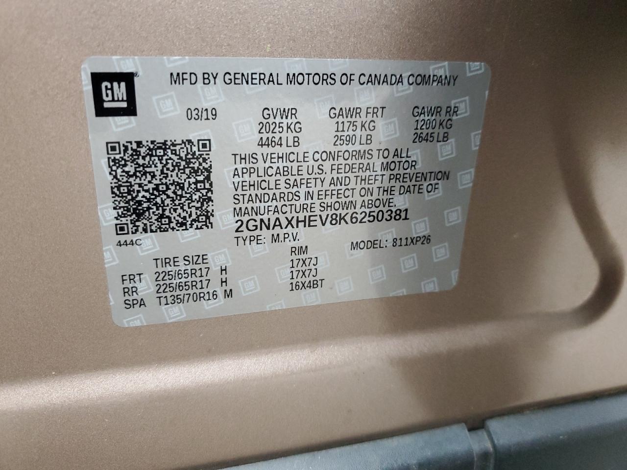 2019 Chevrolet Equinox Ls VIN: 2GNAXHEV8K6250381 Lot: 93935905