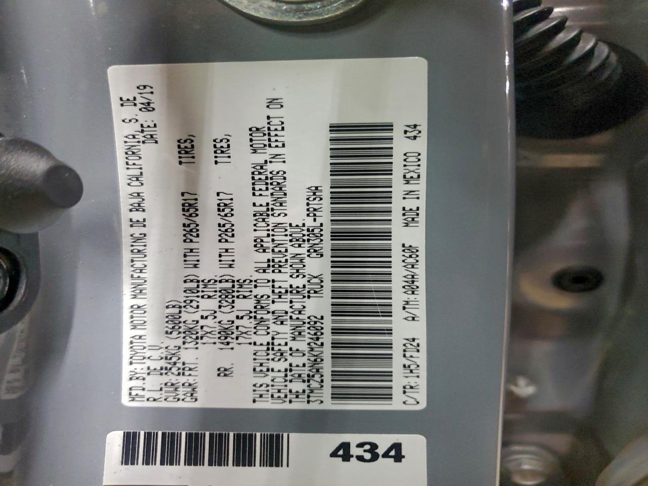 2019 Toyota Tacoma Double Cab VIN: 3TMCZ5AN6KM246092 Lot: 93827555