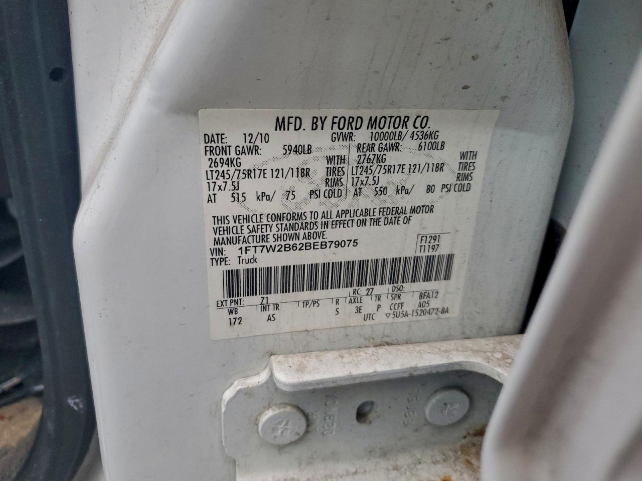 2011 Ford F250 Super Duty VIN: 1FT7W2B62BEB79075 Lot: 94027575