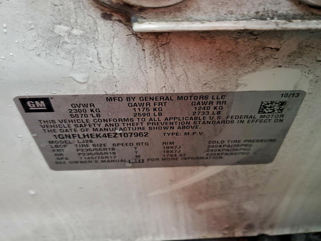 2014 Chevrolet Equinox Ltz VIN: 1GNFLHEK4EZ107962 Lot: 92756265