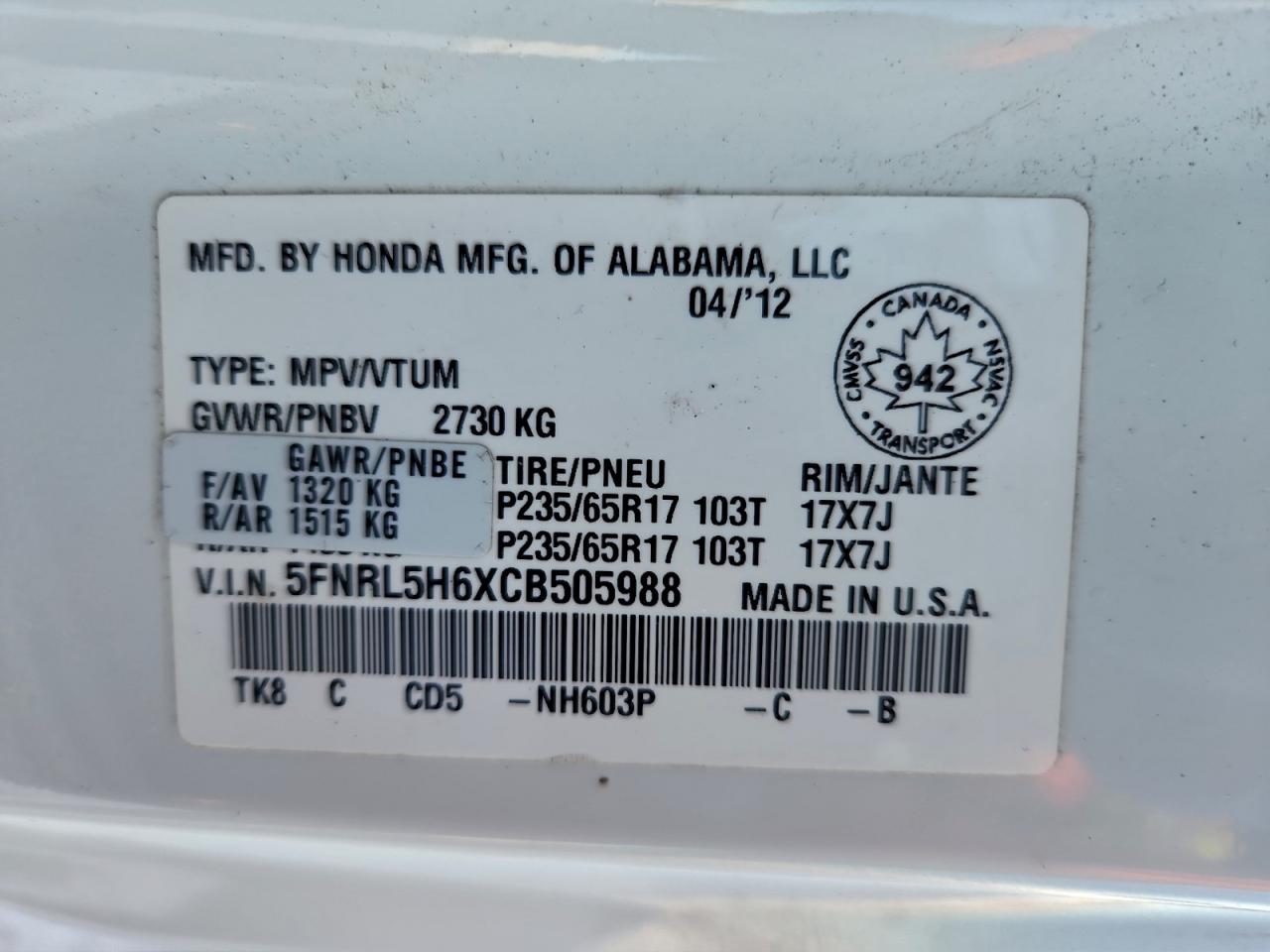 2012 Honda Odyssey Exl VIN: 5FNRL5H6XCB505988 Lot: 94100495