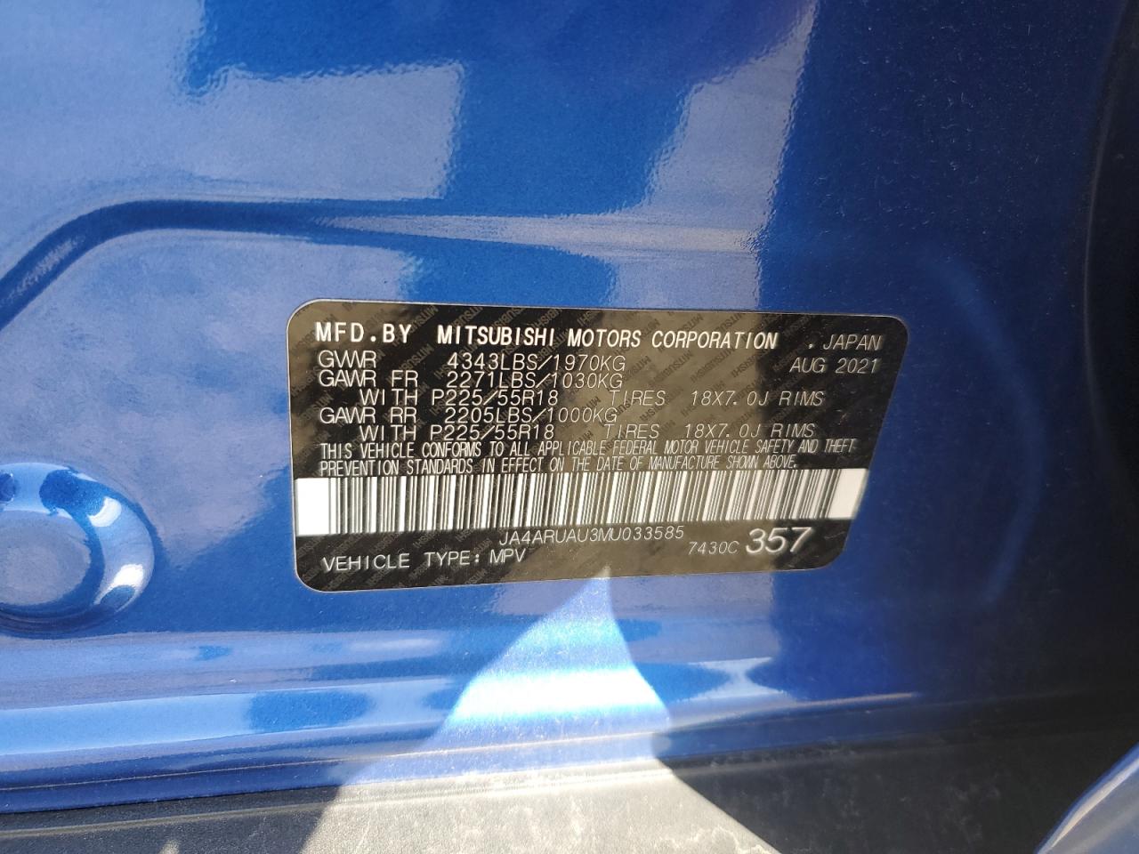 2021 Mitsubishi Outlander Sport Es VIN: JA4ARUAU3MU033585 Lot: 91120595