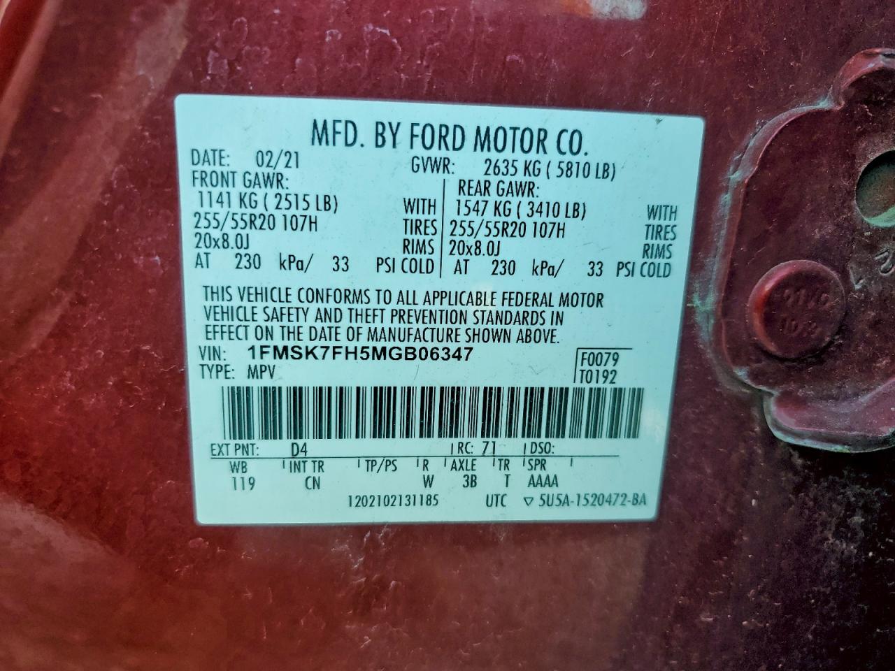 2021 Ford Explorer Limited VIN: 1FMSK7FH5MGB06347 Lot: 94251405