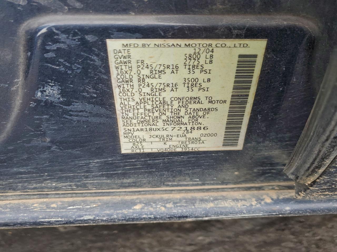 2005 Nissan Pathfinder Le VIN: 5N1AR18UX5C721886 Lot: 94245385