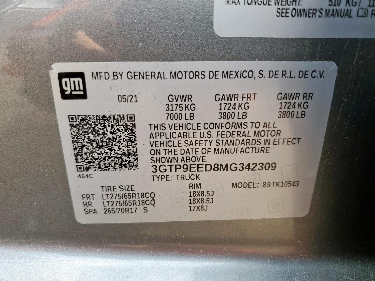 2021 GMC Sierra K1500 At4 VIN: 3GTP9EED8MG342309 Lot: 92640485