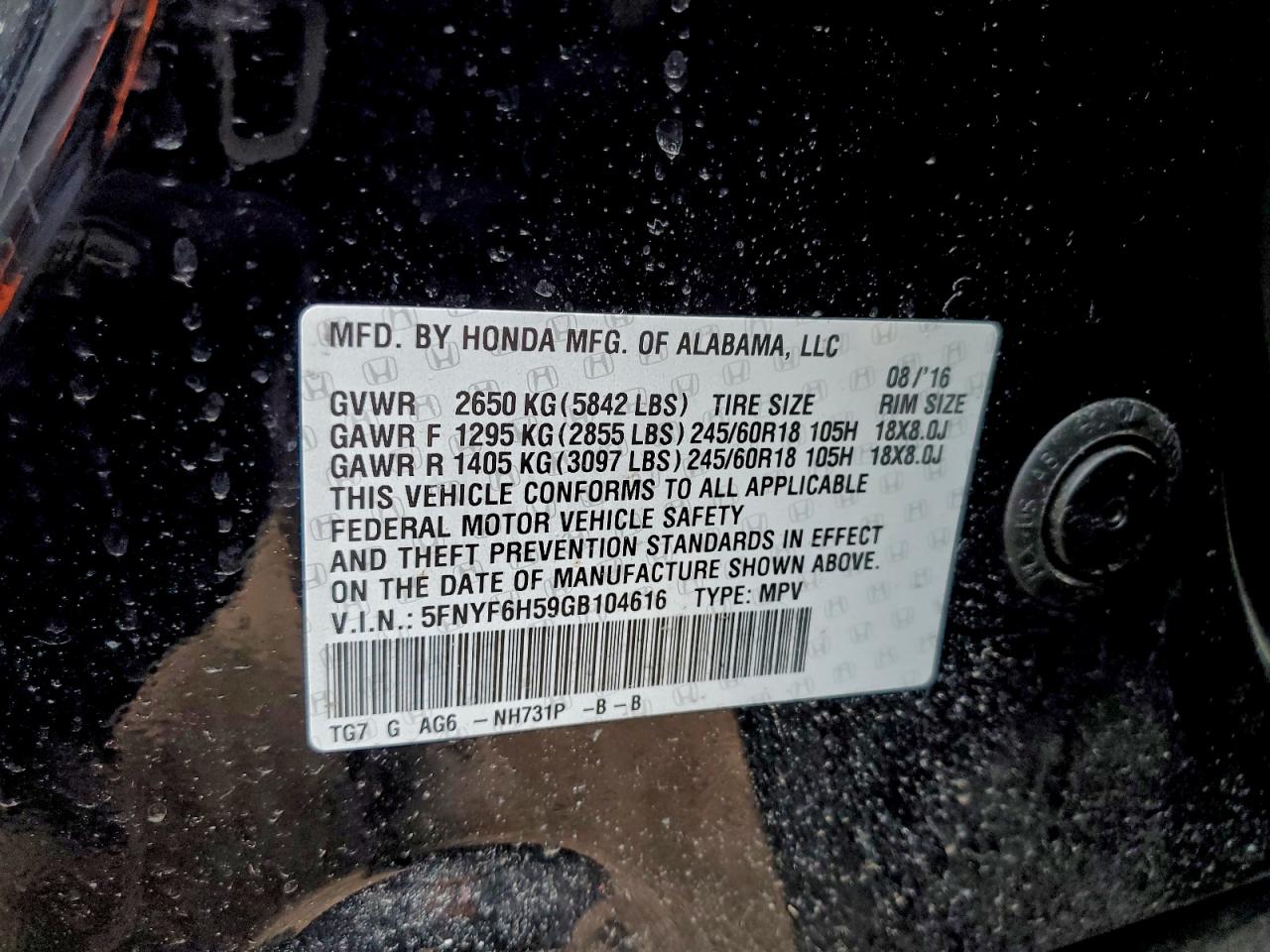 2016 Honda Pilot Exl VIN: 5FNYF6H59GB104616 Lot: 92757435