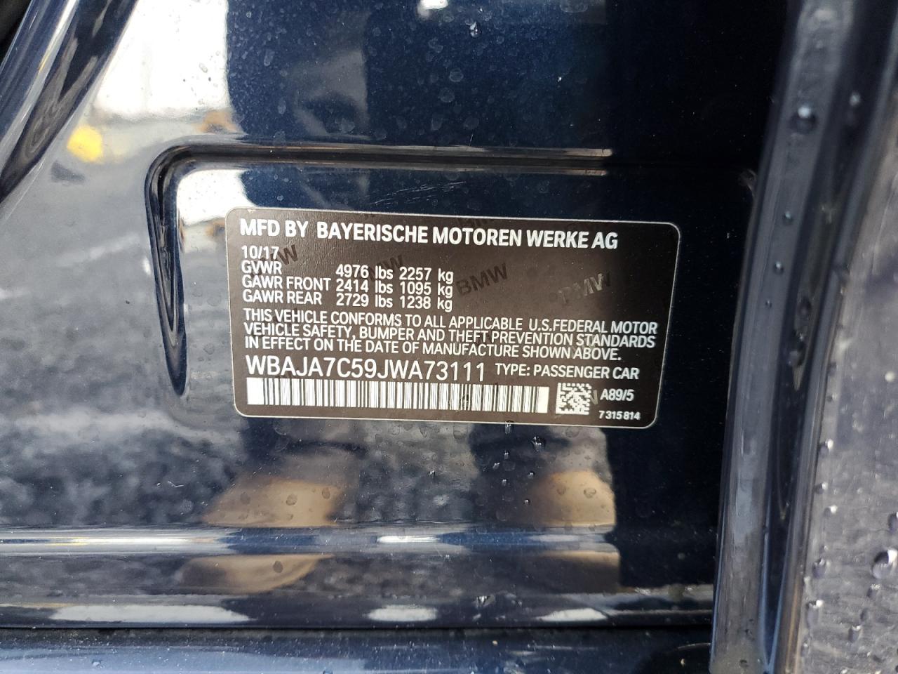 2018 BMW 530 Xi VIN: WBAJA7C59JWA73111 Lot: 93518765