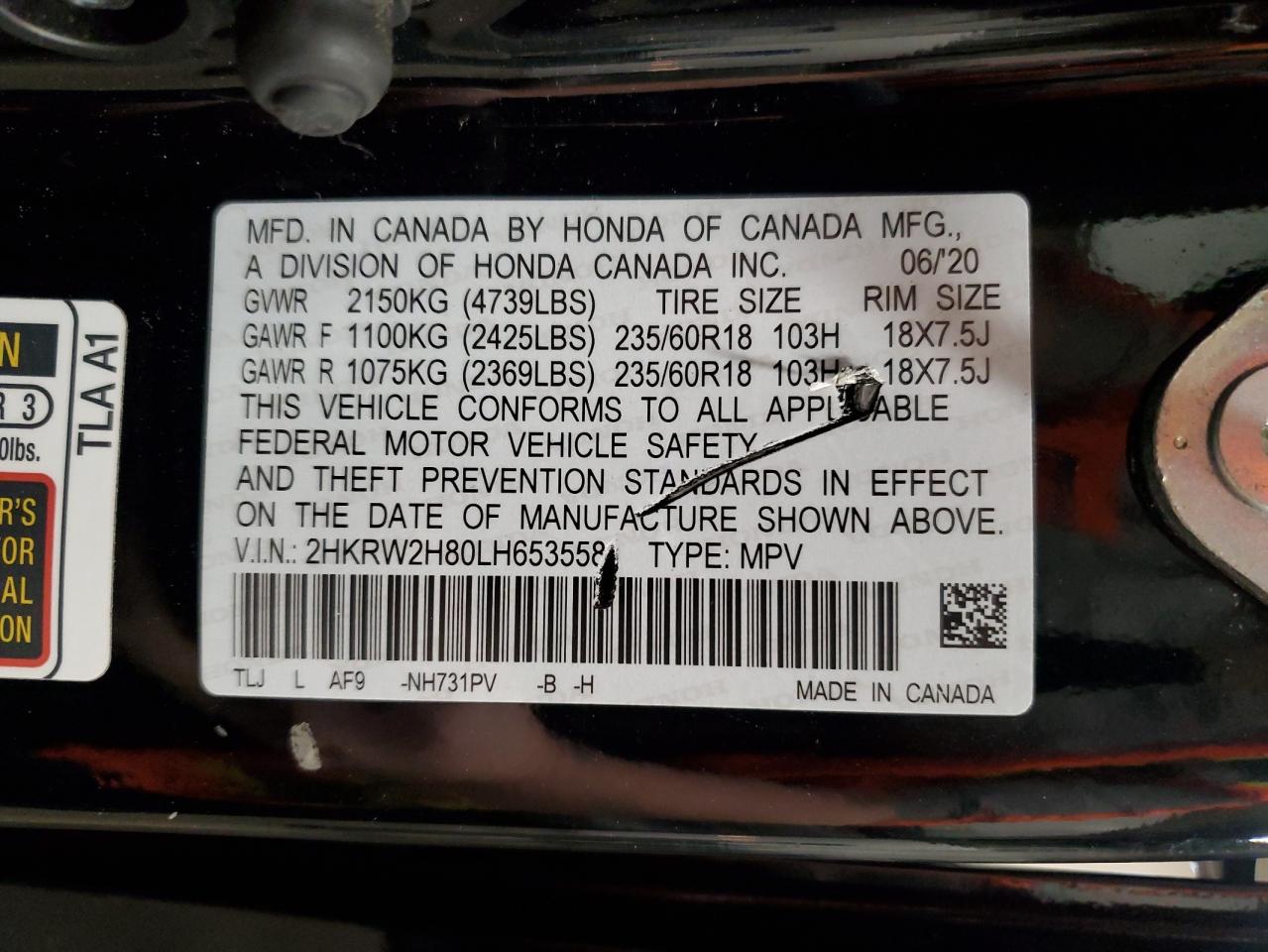 2020 Honda Cr-V Exl VIN: 2HKRW2H80LH653558 Lot: 93536645