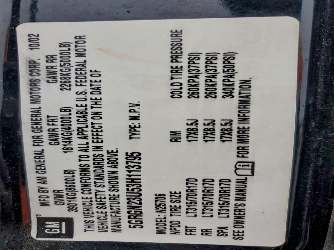 2003 Hummer H2 VIN: 5GRGN23U53H113795 Lot: 93661945