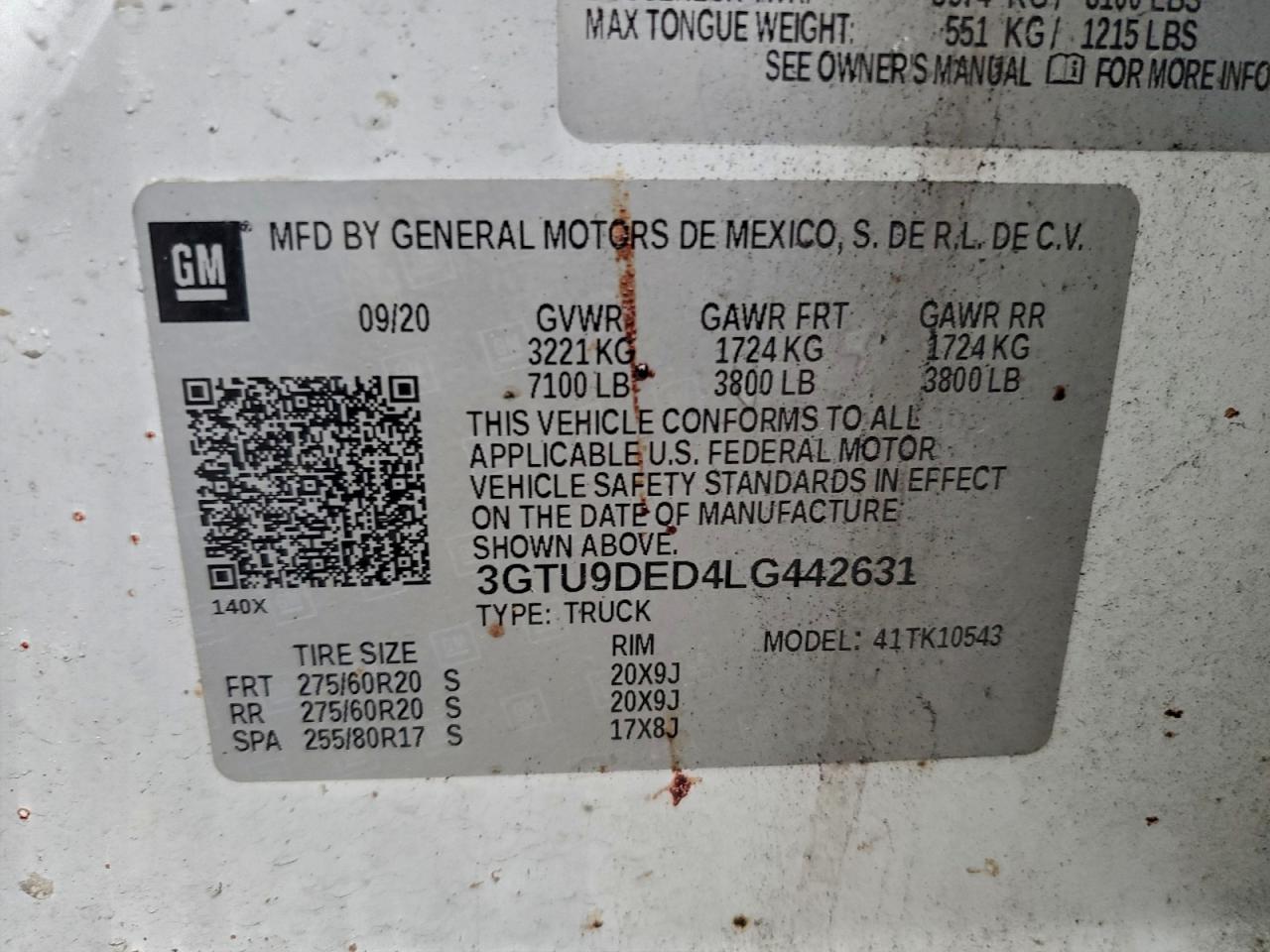 2020 GMC Sierra K1500 Slt VIN: 3GTU9DED4LG442631 Lot: 93756315