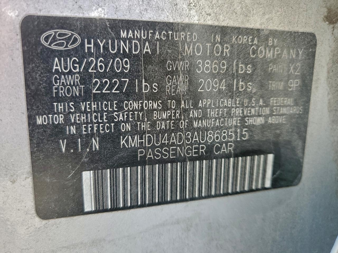 2010 Hyundai Elantra Blue VIN: KMHDU4AD3AU868515 Lot: 93920335