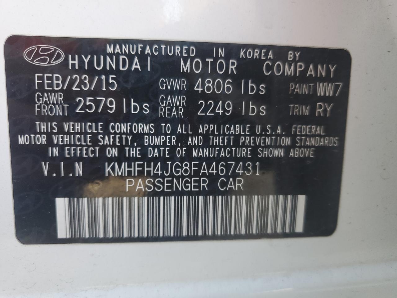 2015 Hyundai Azera Limited VIN: KMHFH4JG8FA467431 Lot: 92465835