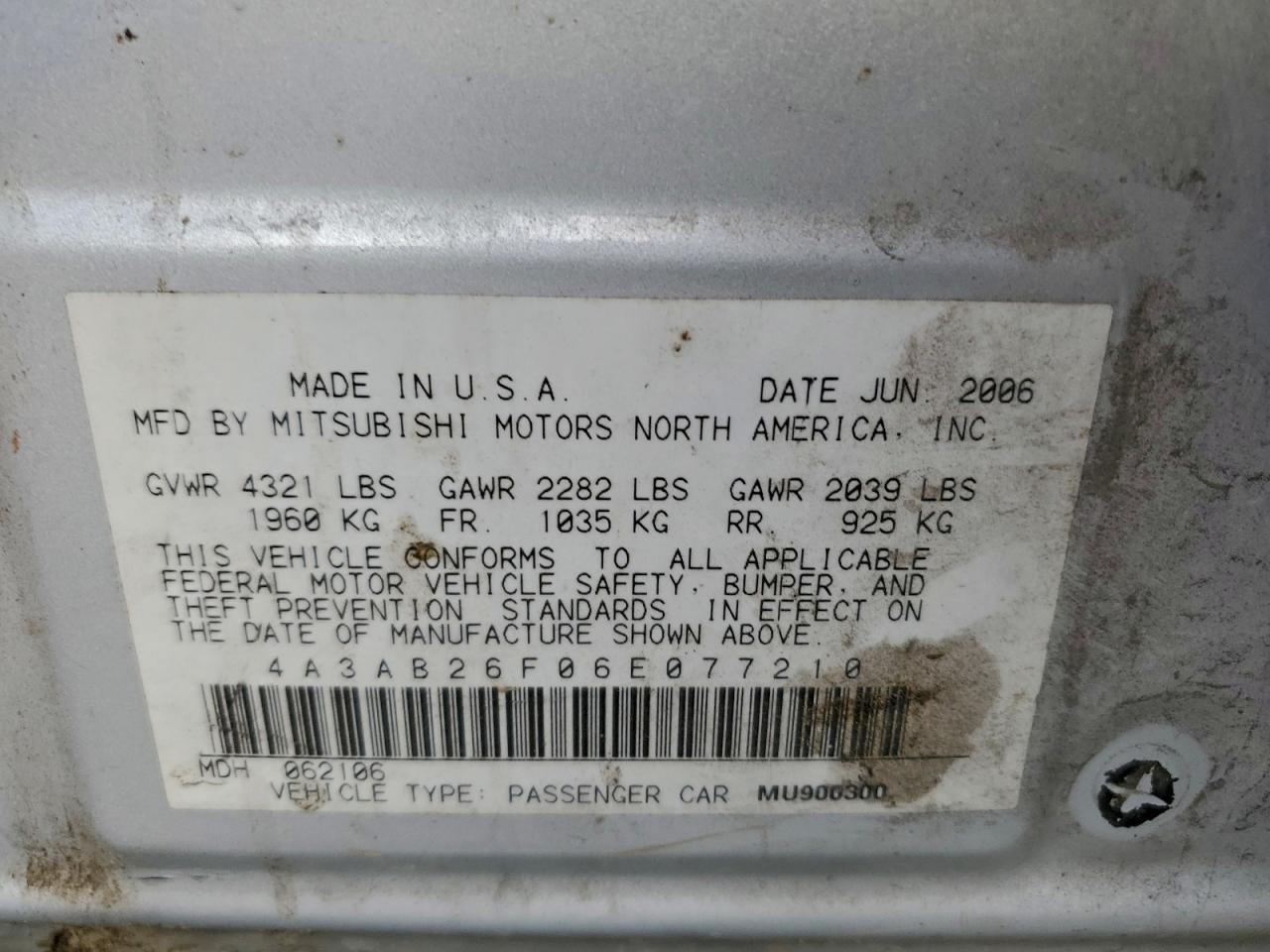 2006 Mitsubishi Galant De VIN: 4A3AB26F06E077210 Lot: 93540075