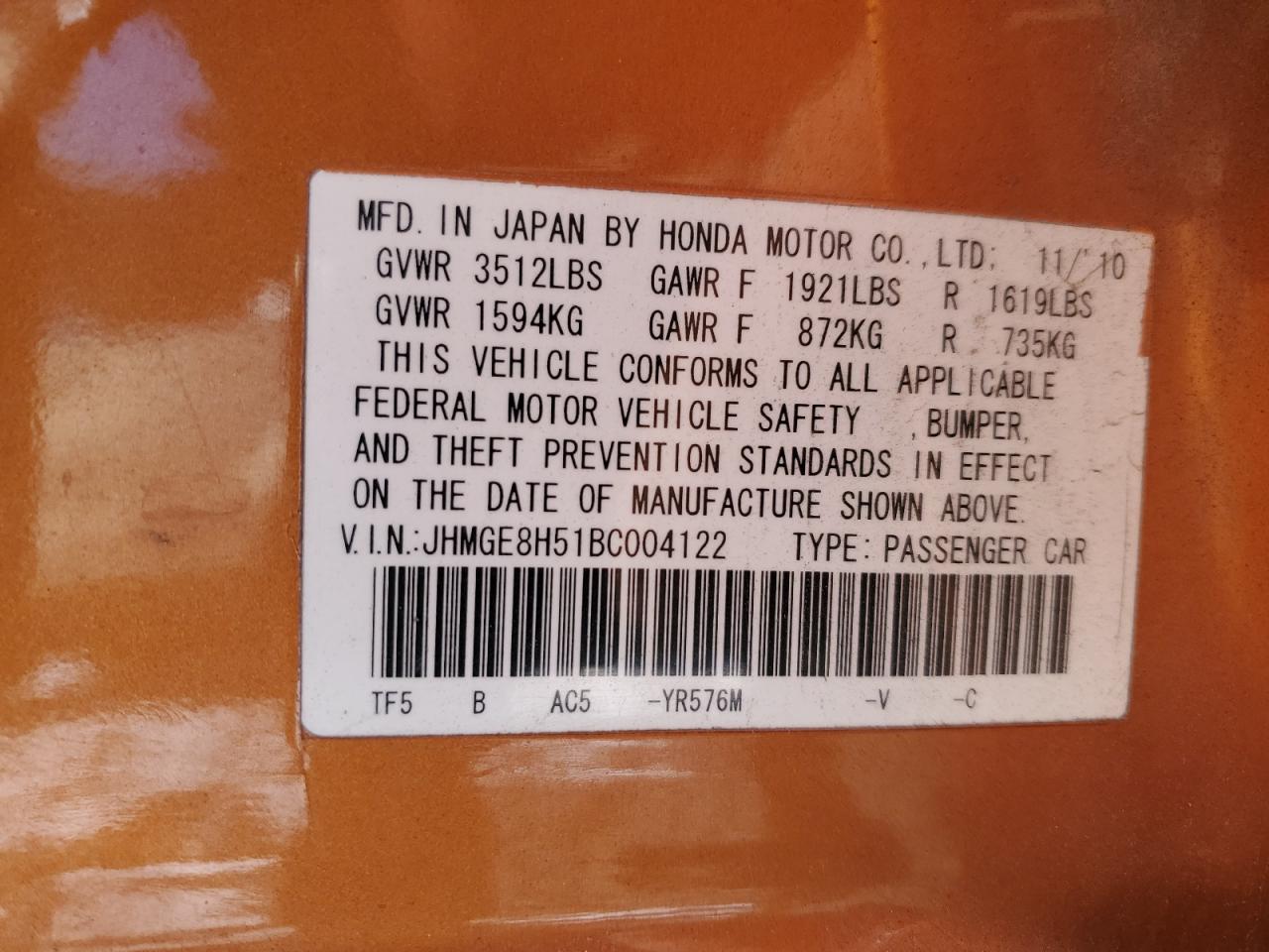 2011 Honda Fit Sport VIN: JHMGE8H51BC004122 Lot: 91628185