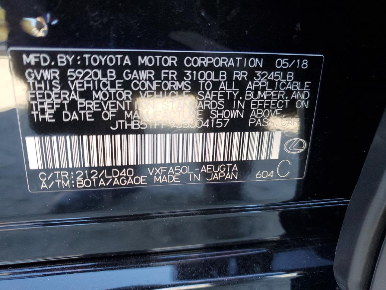 2018 Lexus Ls 500 Base VIN: JTHB51FF9J5004157 Lot: 91689885