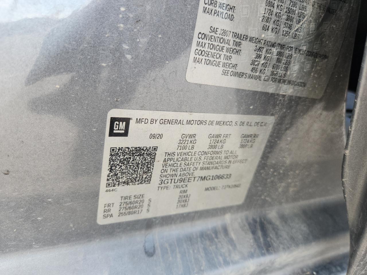 2021 GMC Sierra K1500 At4 VIN: 3GTU9EET7MG106633 Lot: 92741185