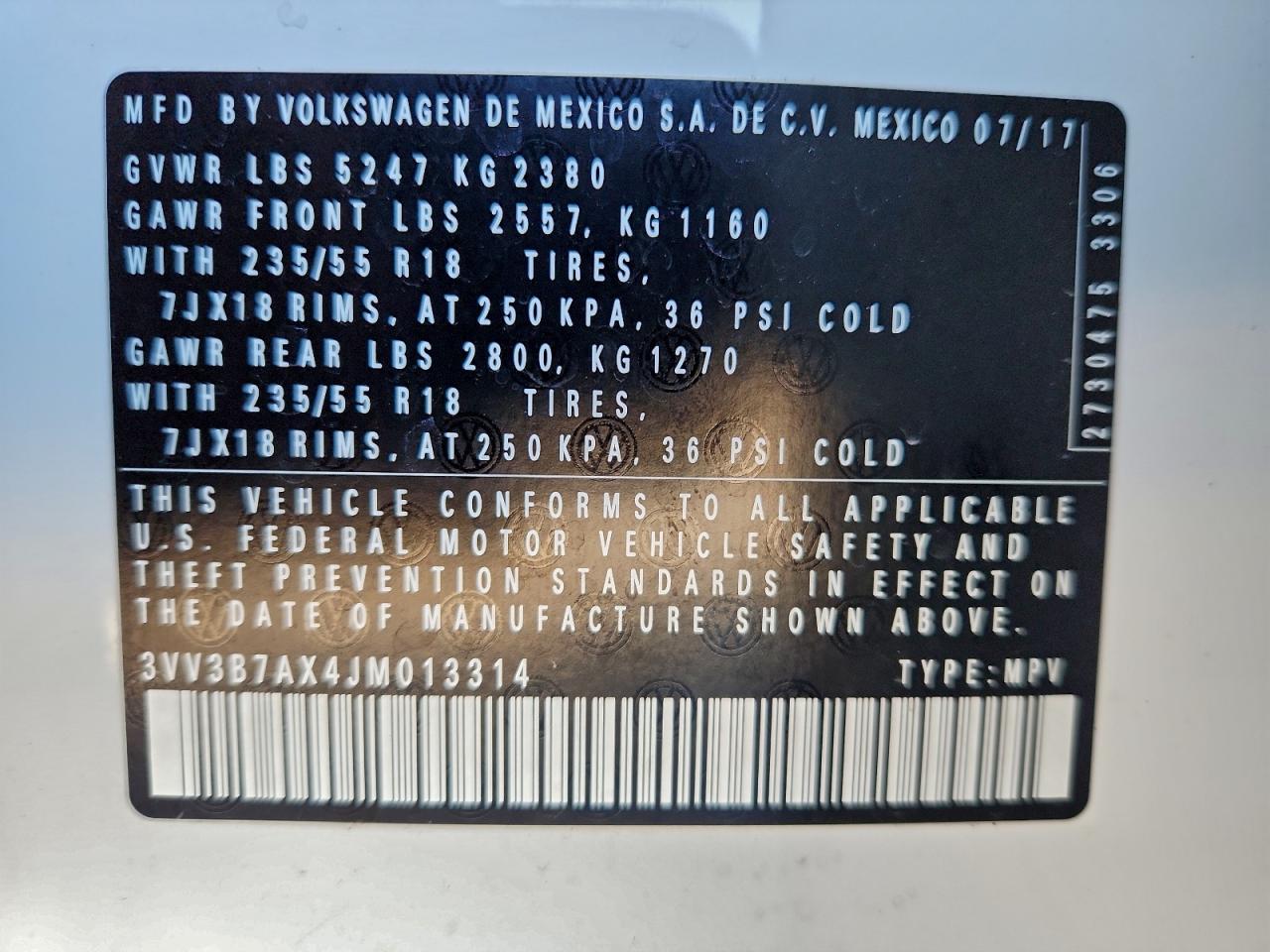 2018 Volkswagen Tiguan Se VIN: 3VV3B7AX4JM013314 Lot: 94182305