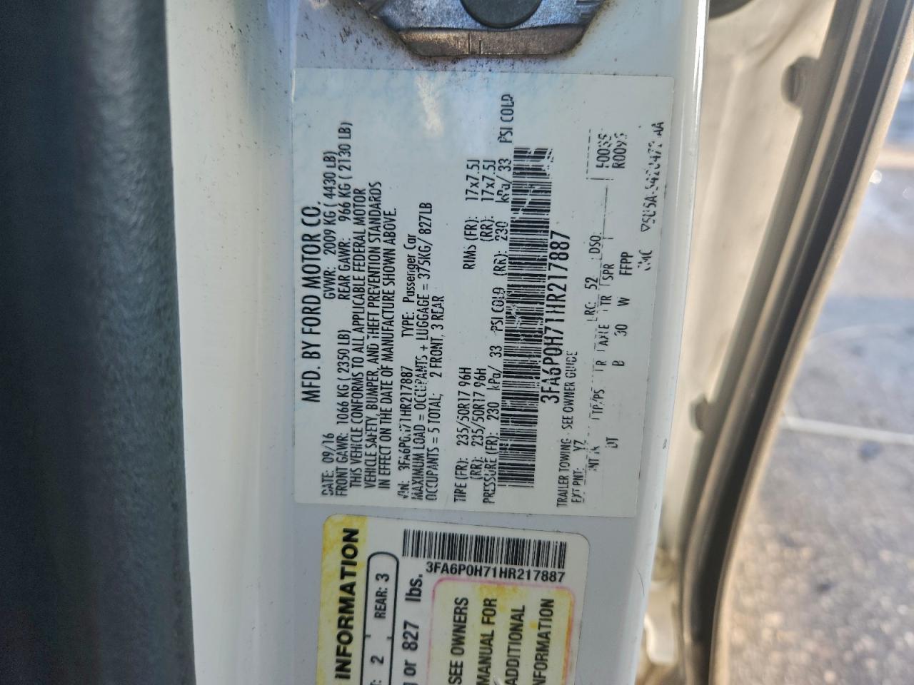 2017 Ford Fusion Se VIN: 3FA6P0H71HR217887 Lot: 94418275