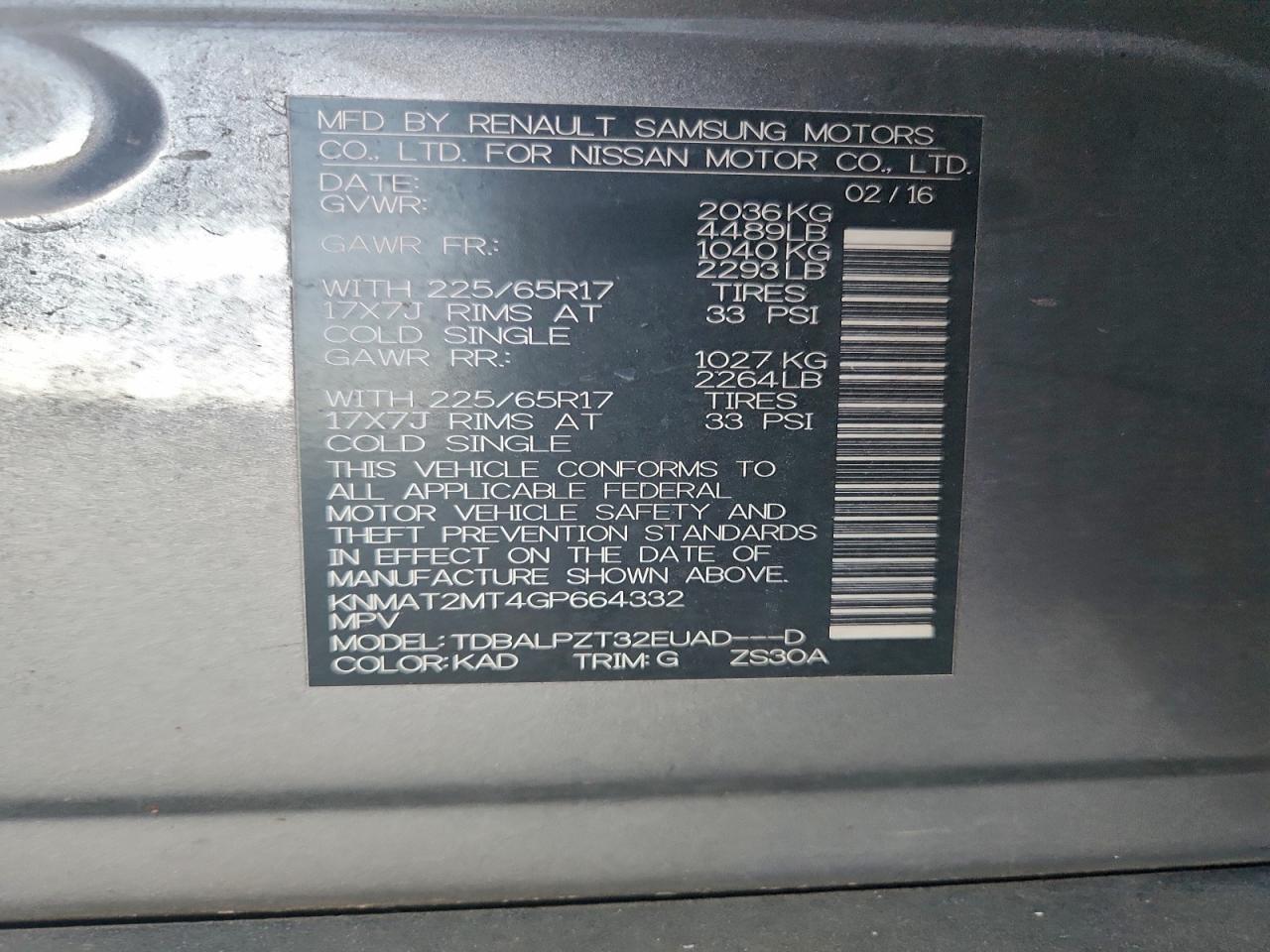 2016 Nissan Rogue S VIN: KNMAT2MT4GP664332 Lot: 94269595