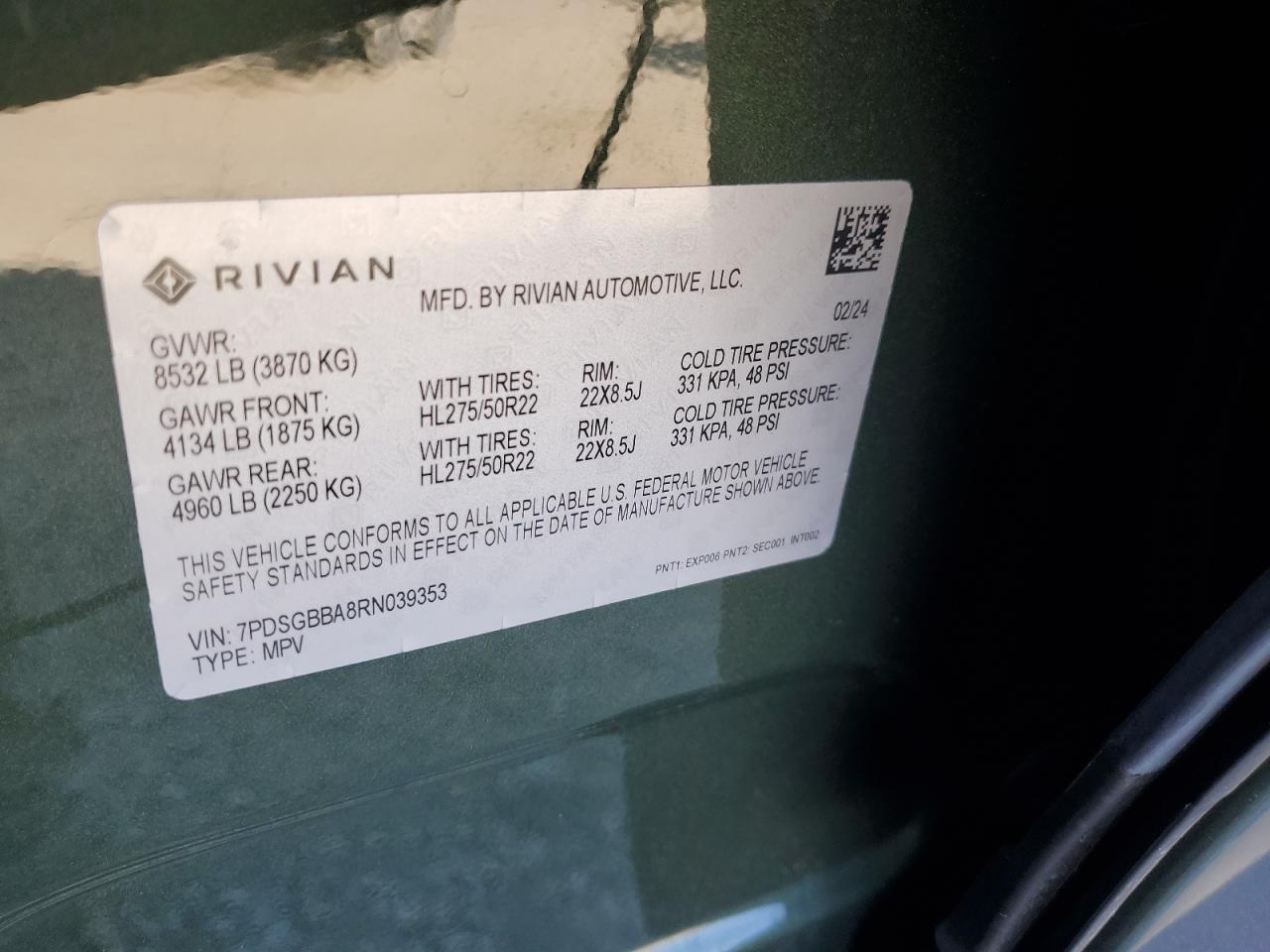 2024 Rivian R1S Adventure VIN: 7PDSGBBA8RN039353 Lot: 86405655
