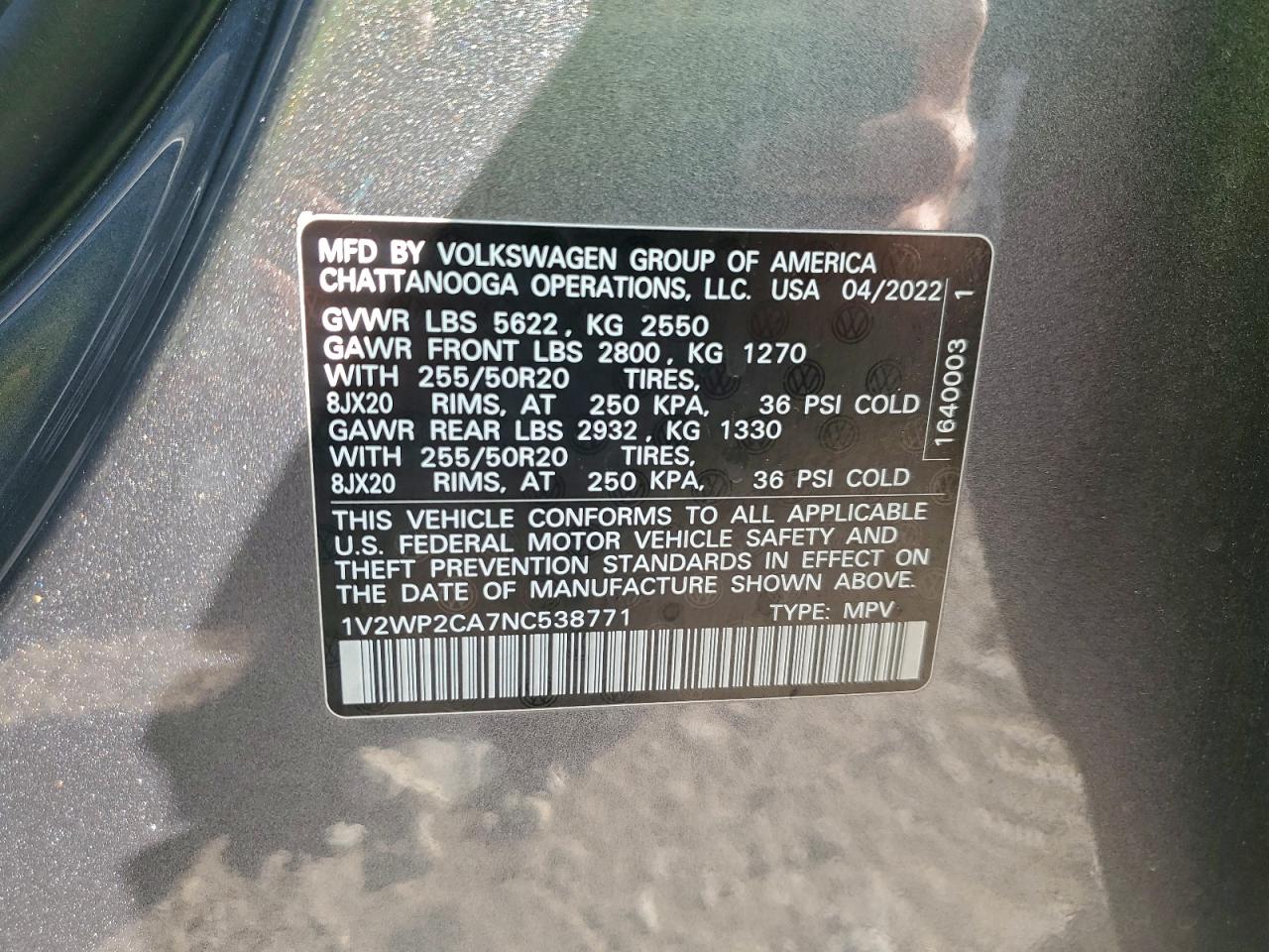 2022 Volkswagen Atlas Se VIN: 1V2WP2CA7NC538771 Lot: 92919725