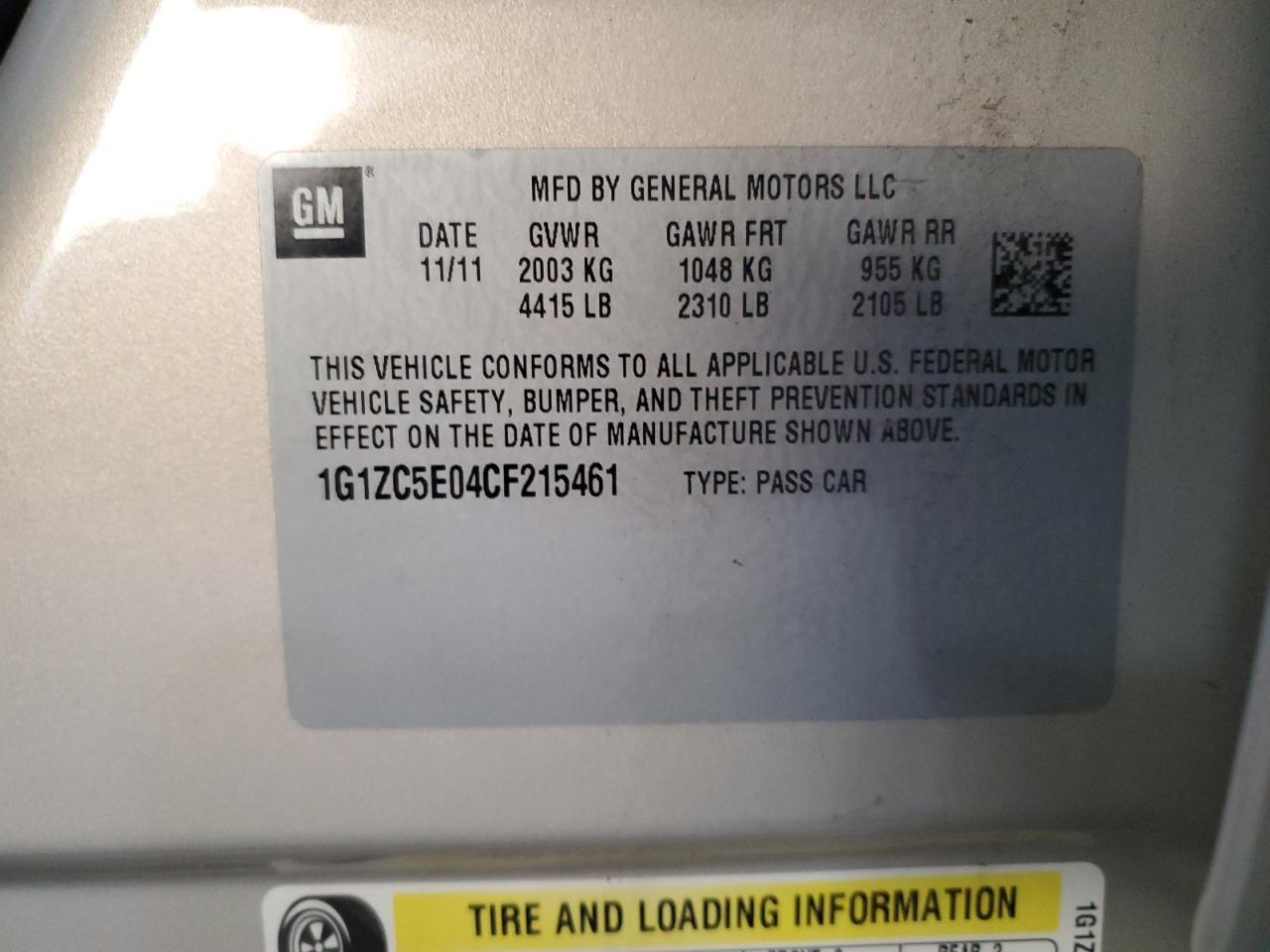 2012 Chevrolet Malibu 1Lt VIN: 1G1ZC5E04CF215461 Lot: 91715895