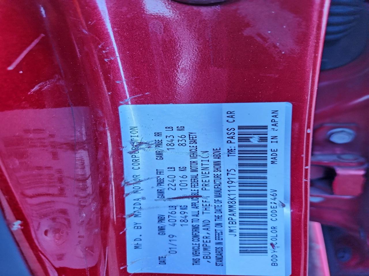 2019 Mazda 3 Preferred VIN: JM1BPAMM8K1119175 Lot: 93836865