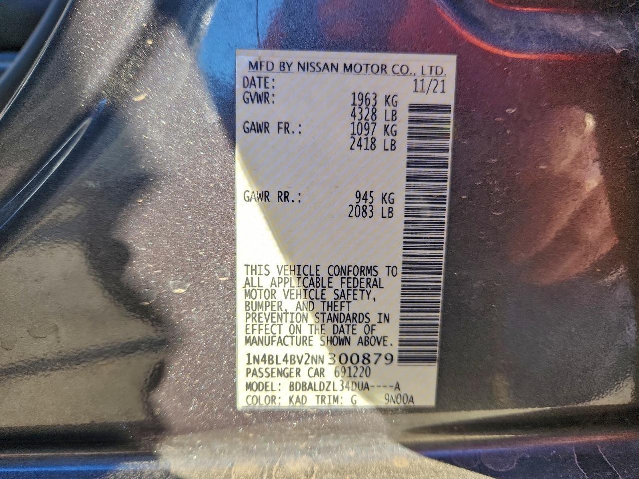 2022 Nissan Altima S VIN: 1N4BL4BV2NN300879 Lot: 94181615