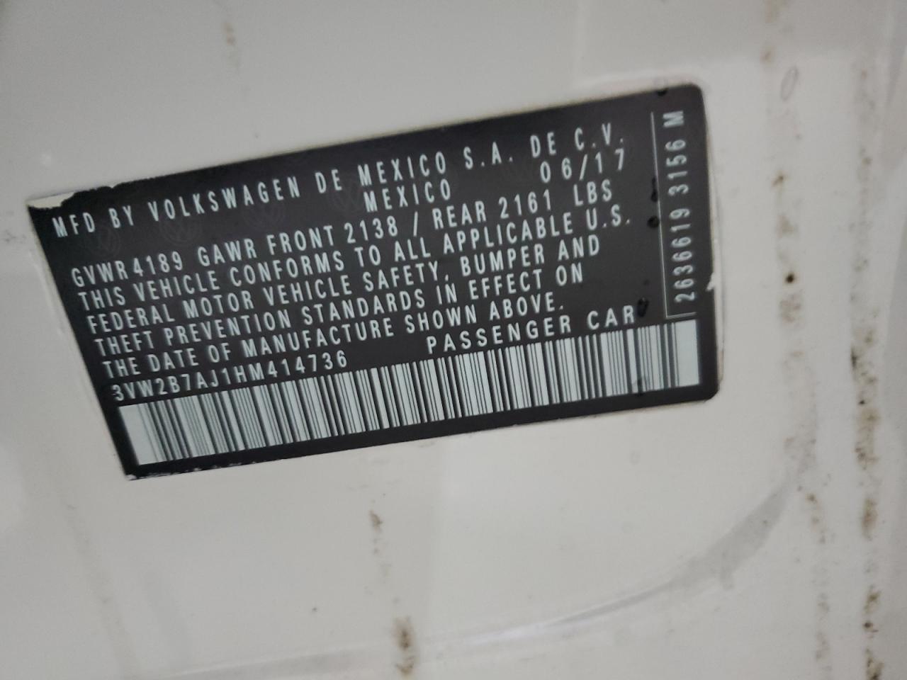 2017 Volkswagen Jetta S VIN: 3VW2B7AJ1HM414736 Lot: 92251695