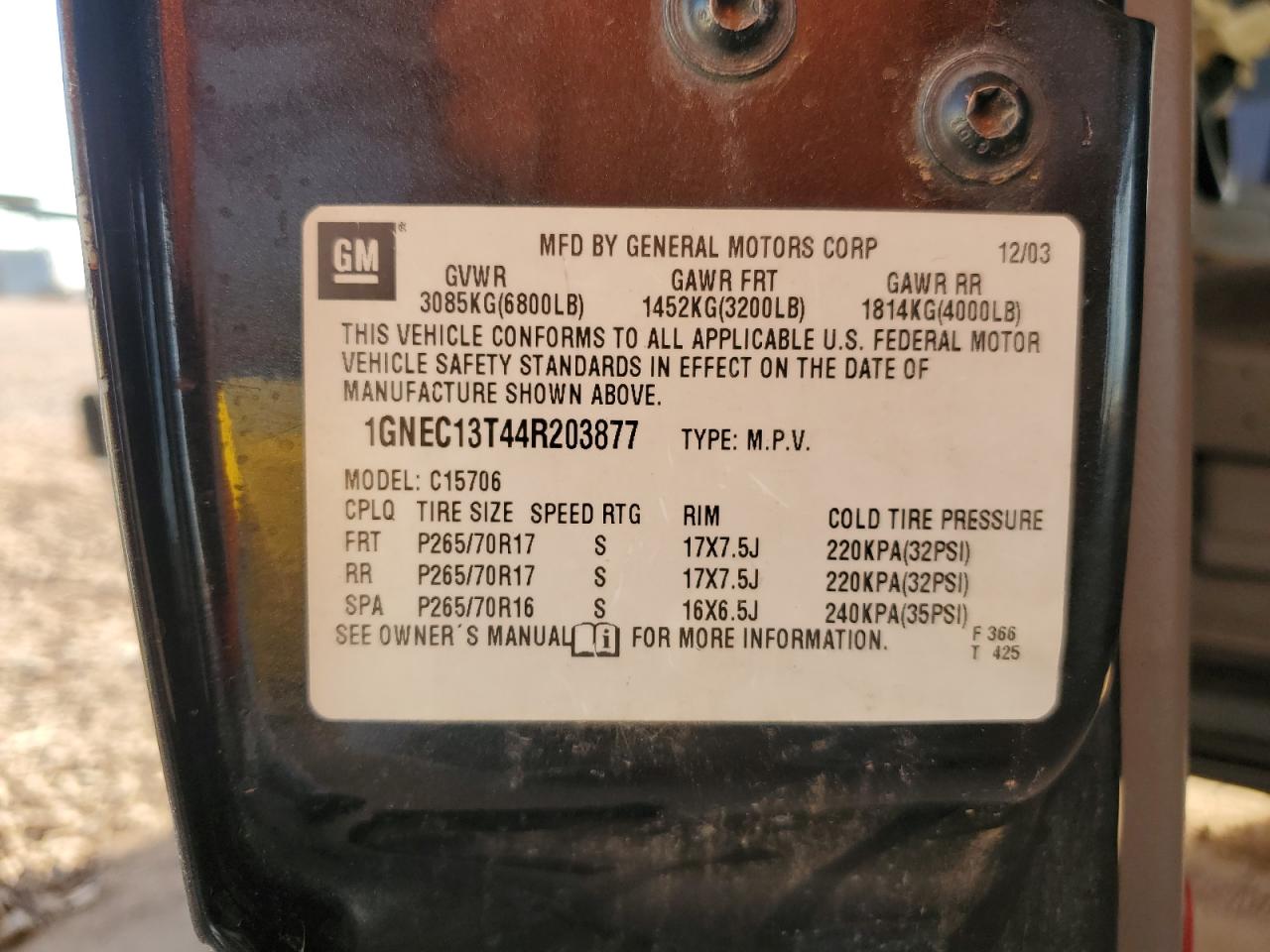 2004 Chevrolet Tahoe C1500 VIN: 1GNEC13T44R203877 Lot: 92353105