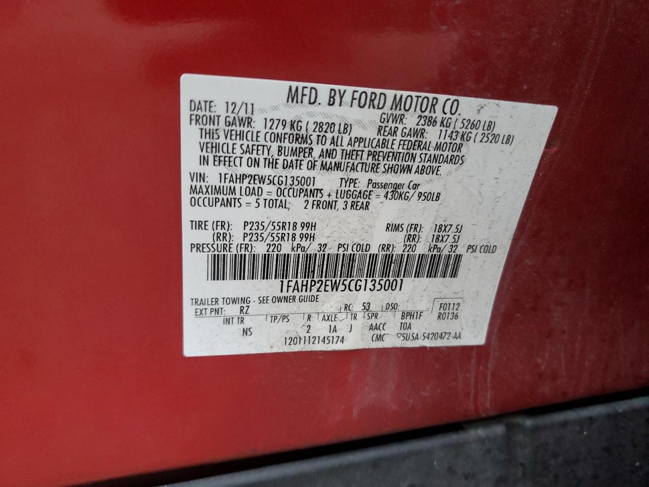 2012 Ford Taurus Sel VIN: 1FAHP2EW5CG135001 Lot: 93721555