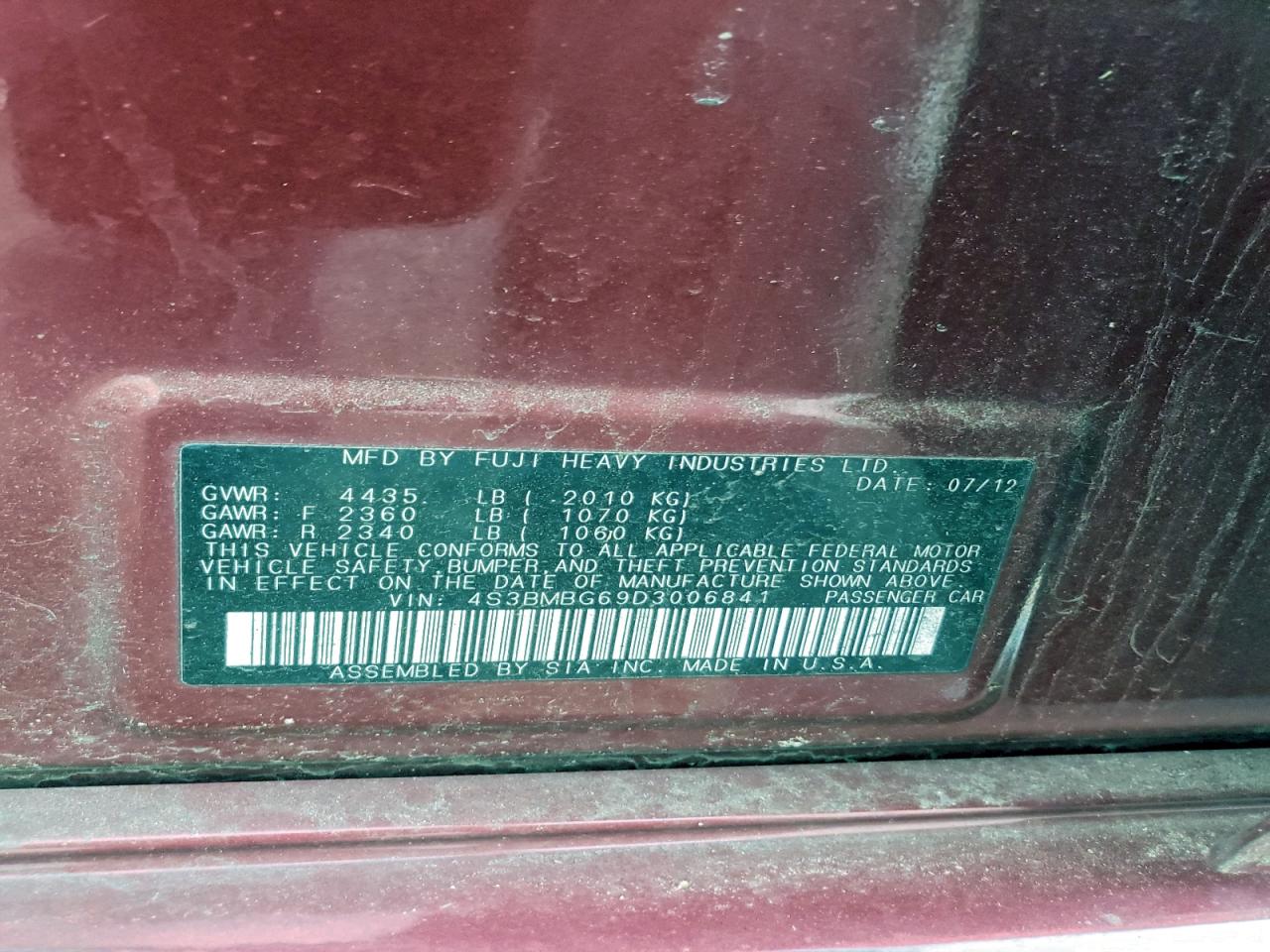 2013 Subaru Legacy 2.5I Premium VIN: 4S3BMBG69D3006841 Lot: 94344795