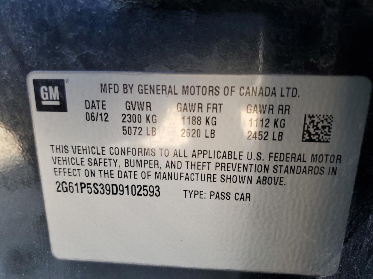 2013 Cadillac Xts Luxury Collection VIN: 2G61P5S39D9102593 Lot: 91106235