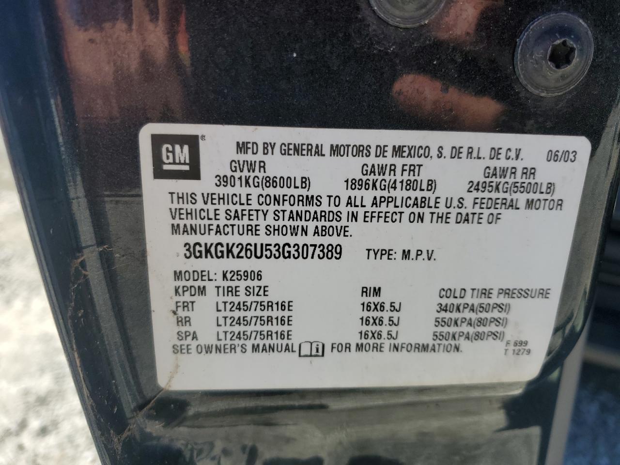 2003 GMC Yukon Xl K2500 VIN: 3GKGK26U53G307389 Lot: 91303495