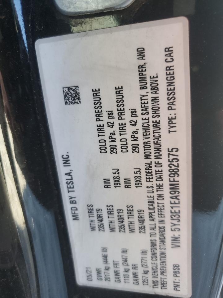 2021 Tesla Model 3 VIN: 5YJ3E1EA9MF982575 Lot: 91842805