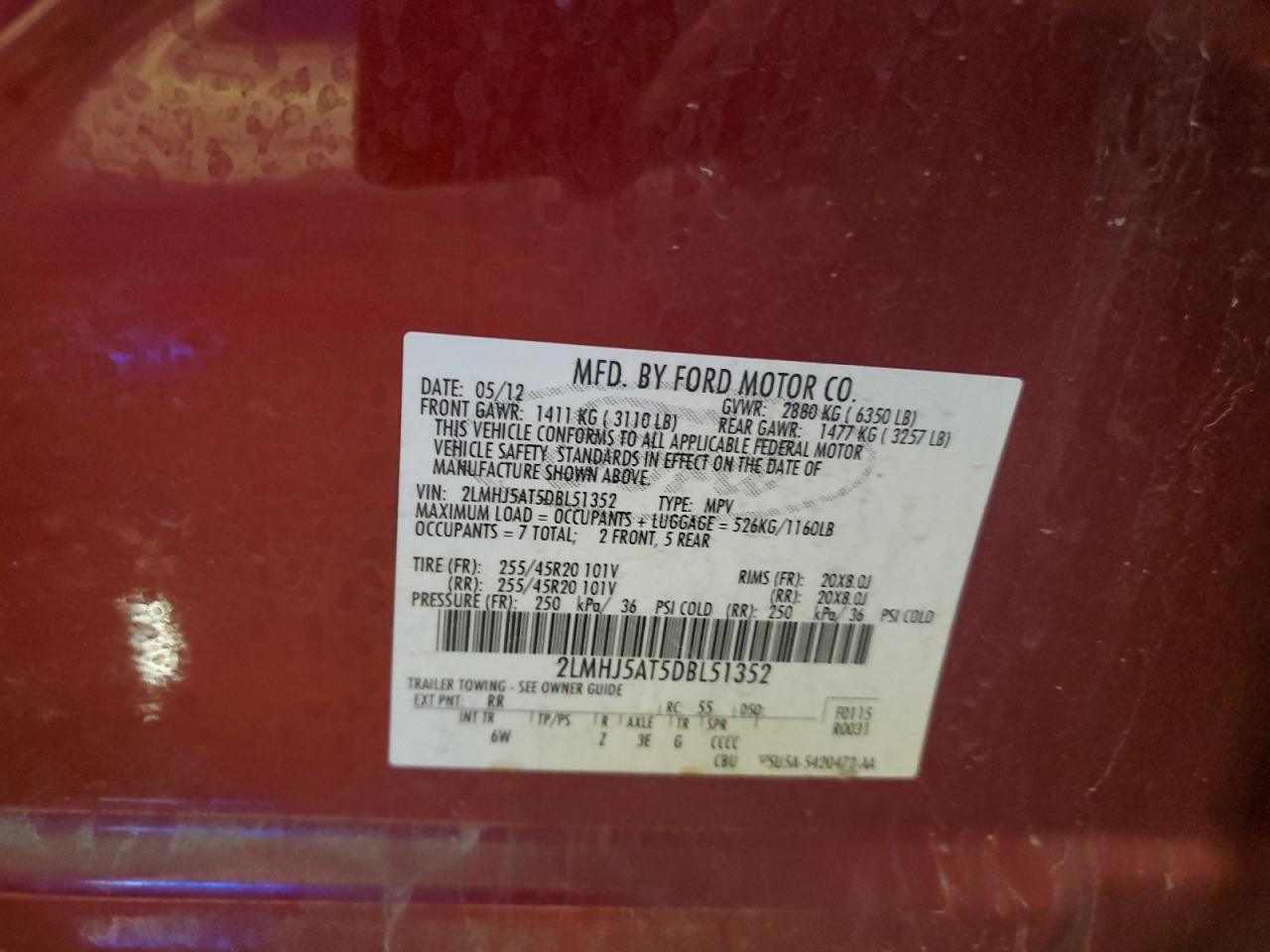 2013 Lincoln Mkt VIN: 2LMHJ5AT5DBL51352 Lot: 93730855