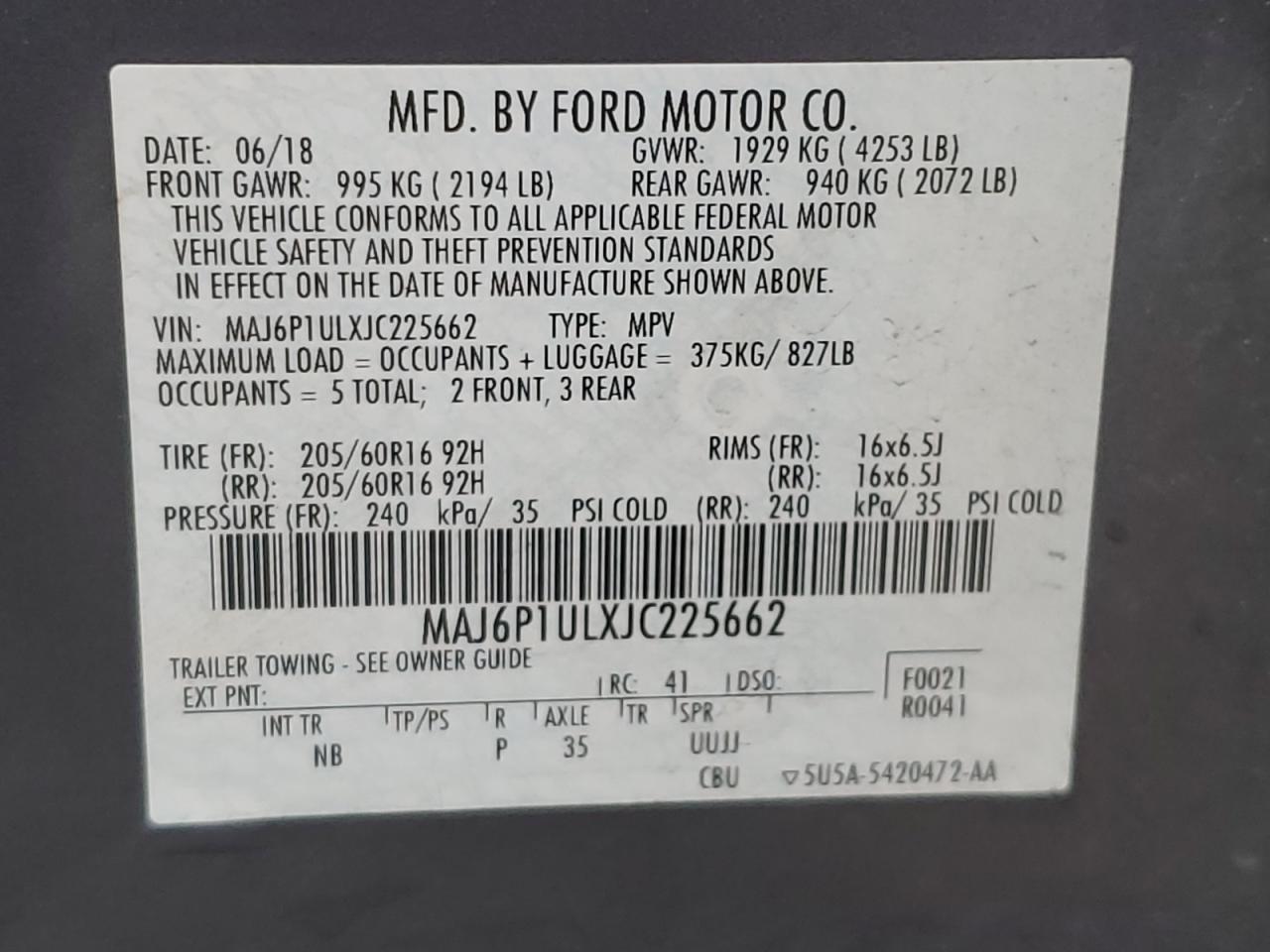 2018 Ford Ecosport Se VIN: MAJ6P1ULXJC225662 Lot: 92369335