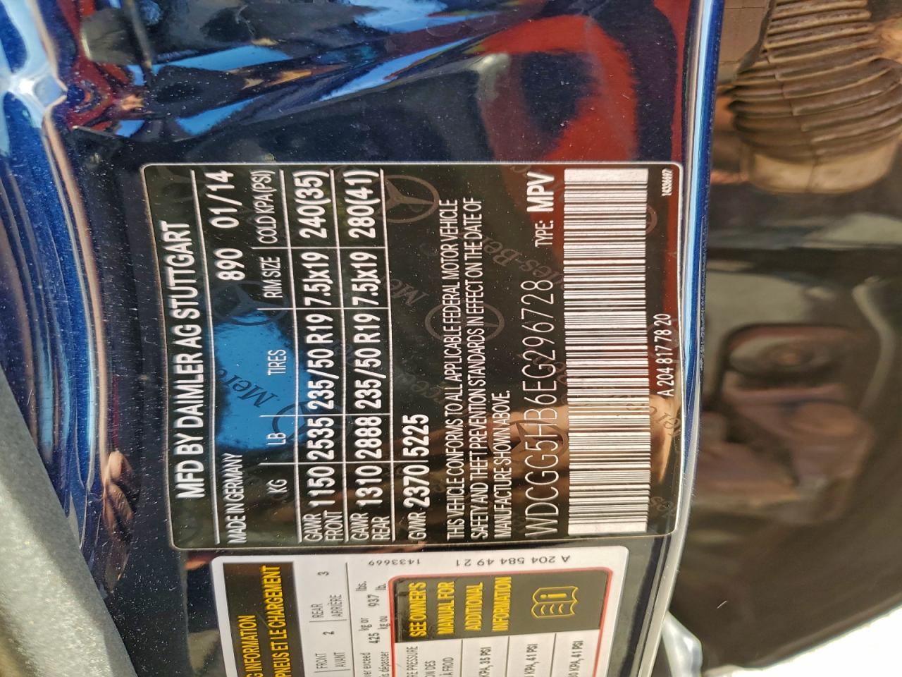 2014 Mercedes-Benz Glk 350 VIN: WDCGG5HB6EG296728 Lot: 93910775