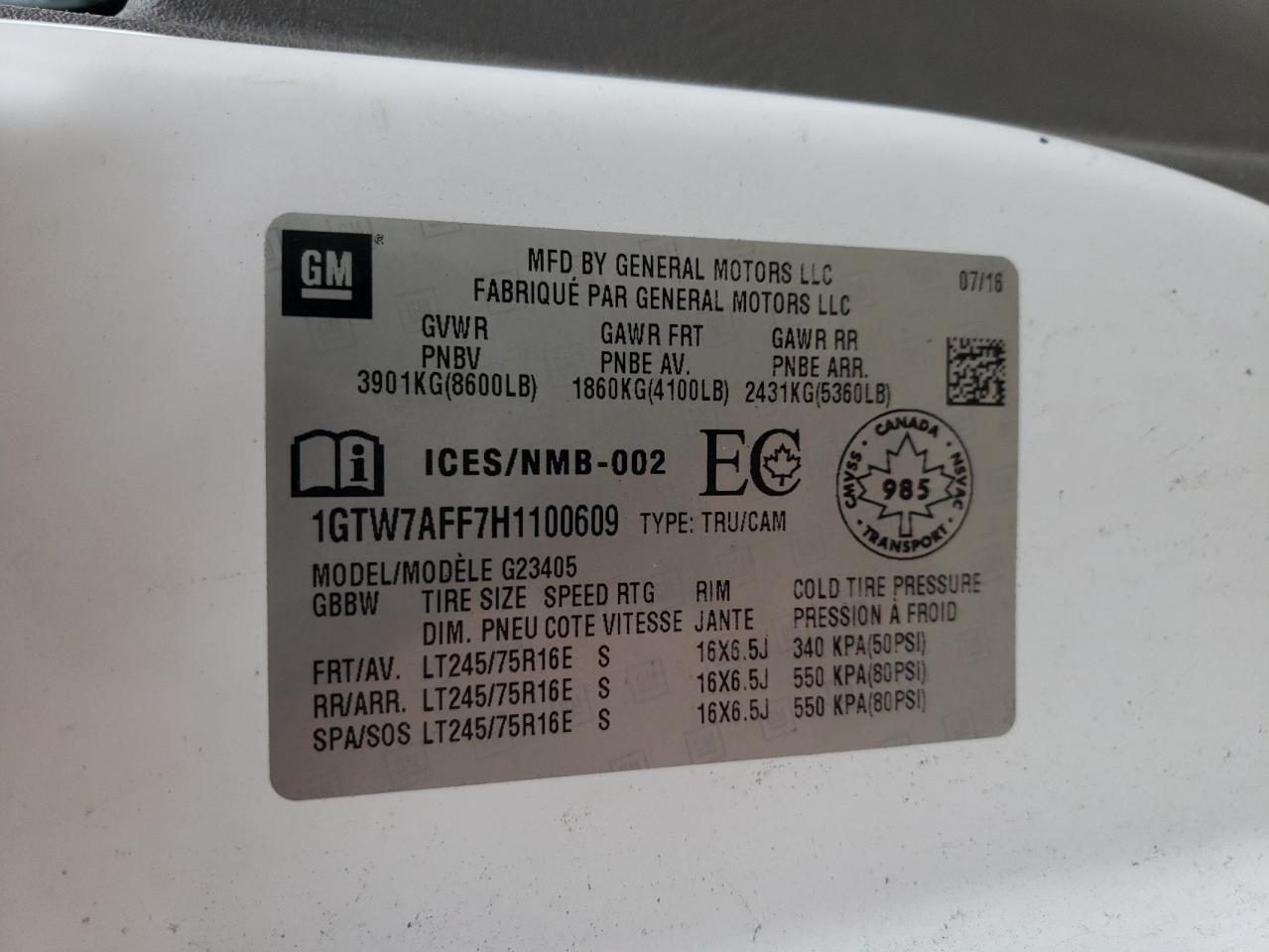 2017 GMC Savana G2500 VIN: 1GTW7AFF7H1100609 Lot: 89804815
