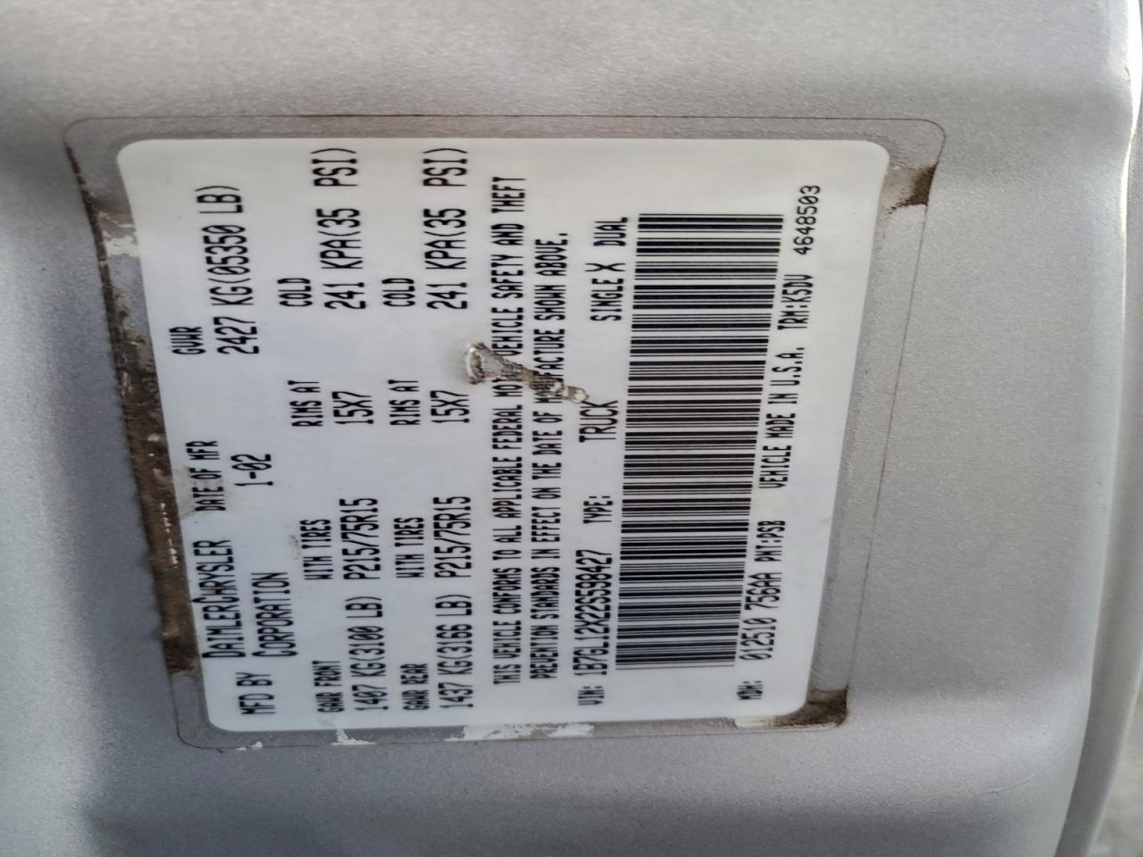 2002 Dodge Dakota Base VIN: 1B7GL12X22S598427 Lot: 91213475