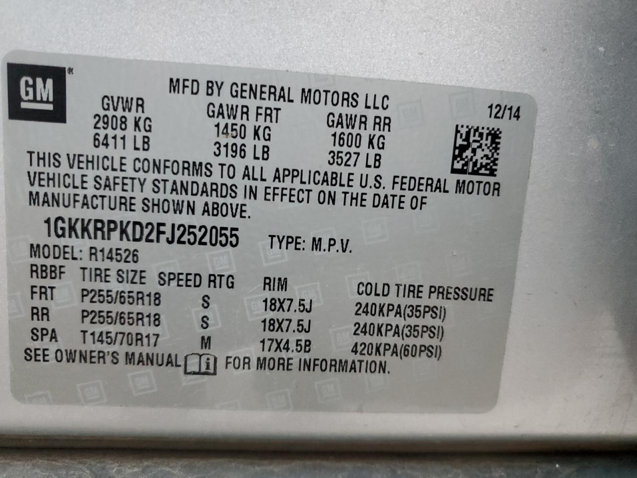 2015 GMC Acadia Sle VIN: 1GKKRPKD2FJ252055 Lot: 91870105